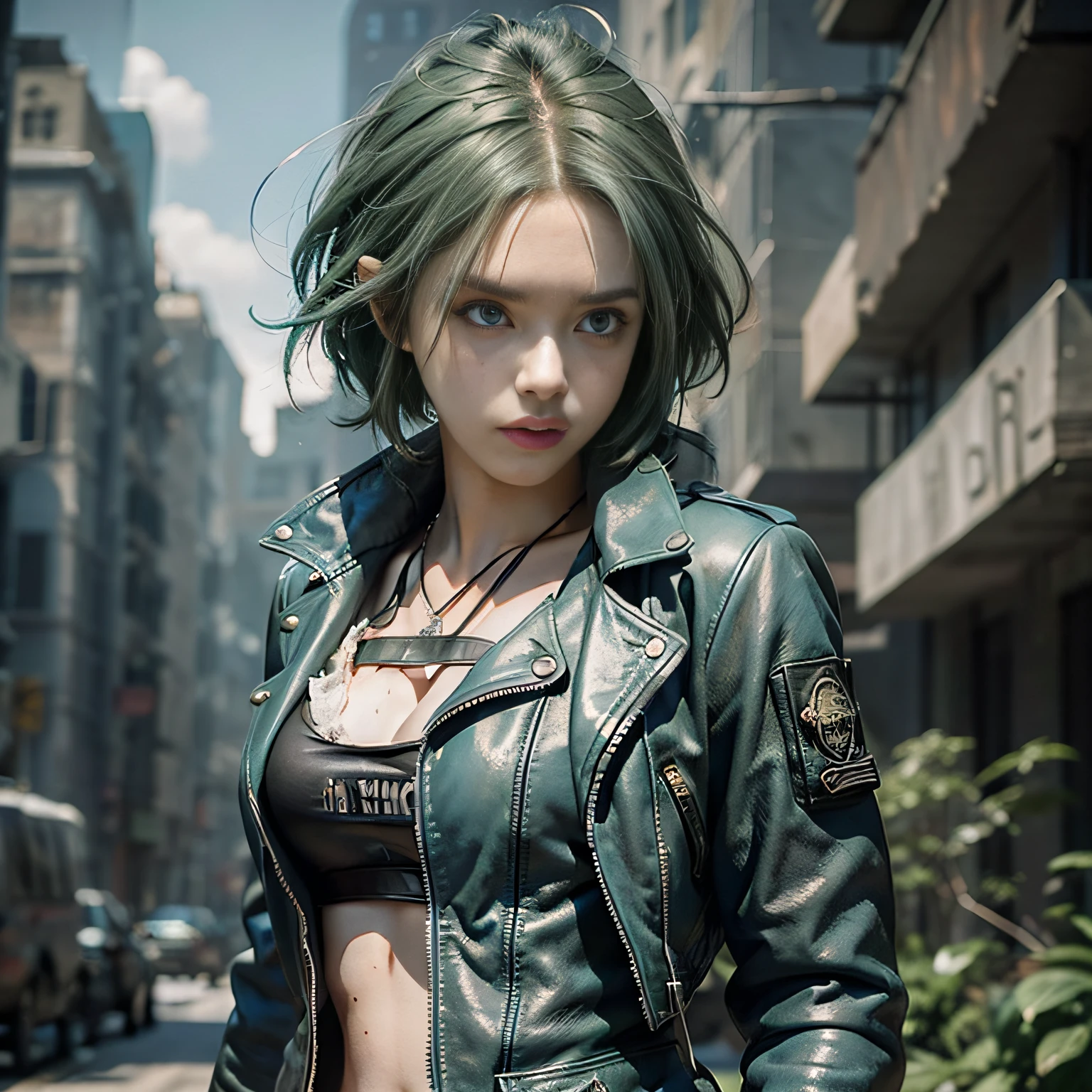 (masterpiece) (((best quality))), character sheet, post-apocalyptic girl, green hair, blue eyes, leather jacket, dystopian background, very detailed, dynamic, epic angle, dramatic lighting.