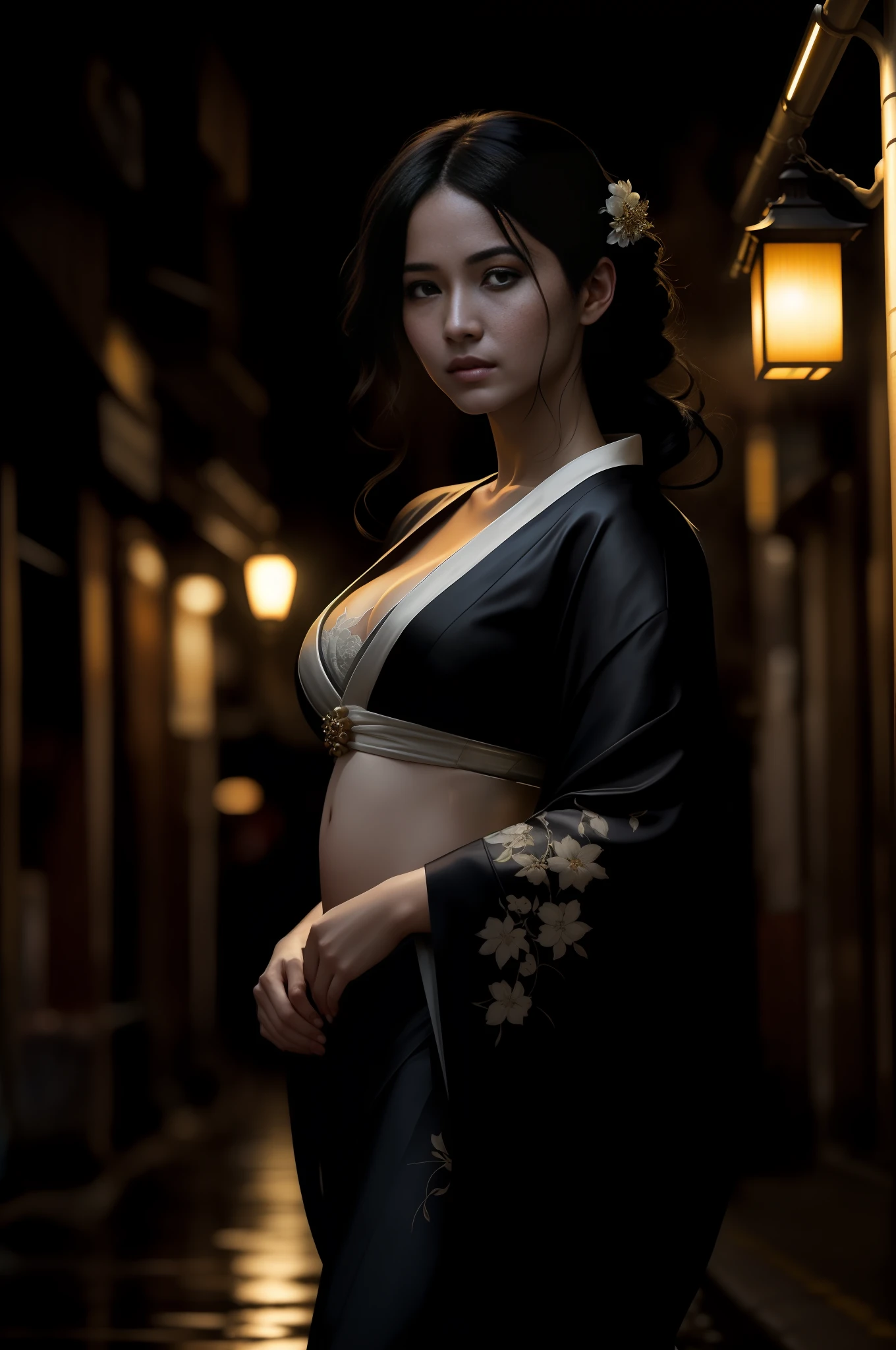 (backlighting,navel:1.2,black hair,street lamps),raining night,city,A beautiful woman wearing kimono on the bustling streets of Gintama, surrounded by vendors, beautiful portrait of a stunning goddess girl, beautiful detailed face, porcelain skin, half body shot, centered, ultra soft lighting, symmetry, intricate, elegant, highly detailed, photorealistic, artstation, concept art, smooth, as imagined by greg rutkowski and borris vallejo, cover, vogue style