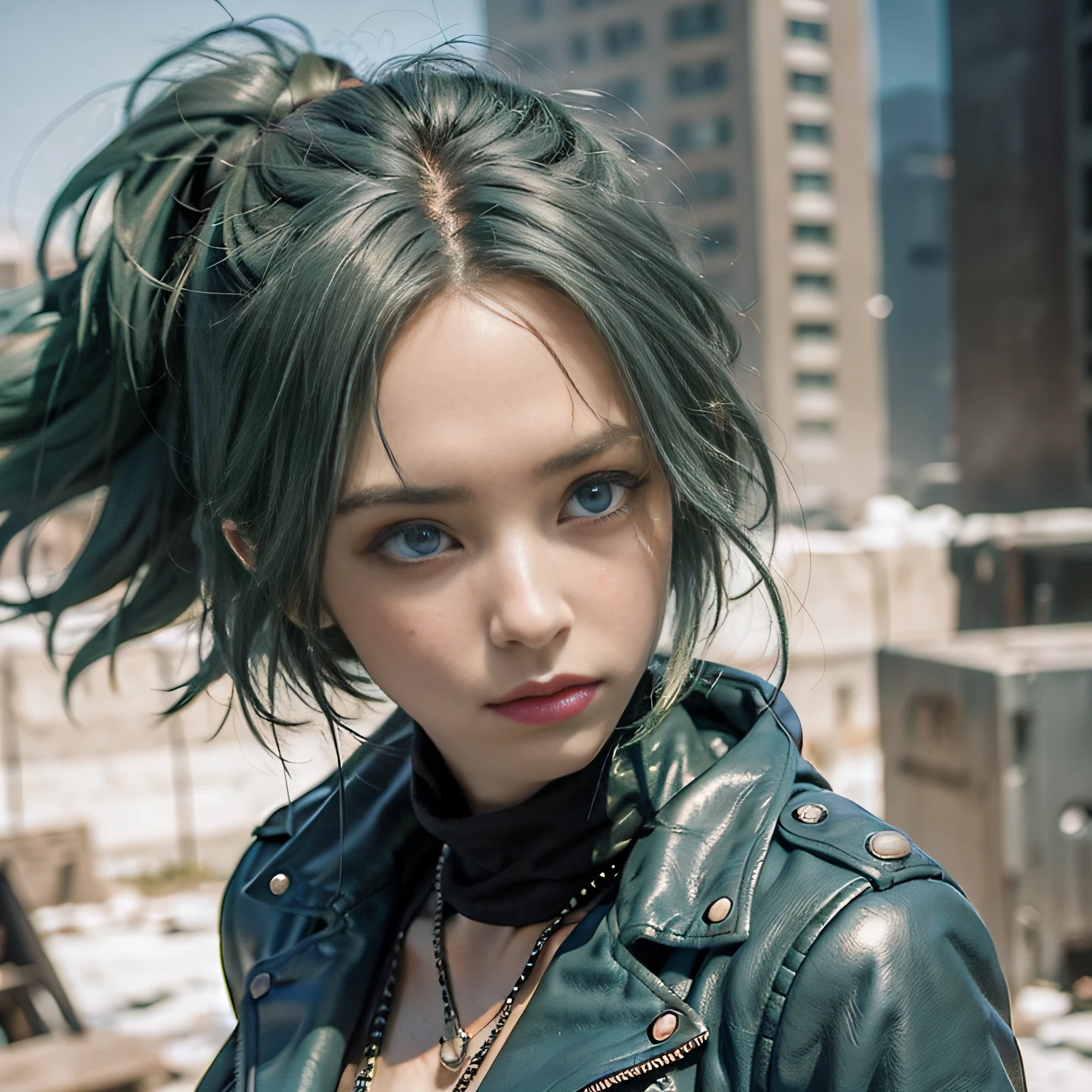 (masterpiece) (((best quality))), character sheet, post-apocalyptic girl, green hair, blue eyes, leather jacket, dystopian background, very detailed, dynamic, epic angle, dramatic lighting.