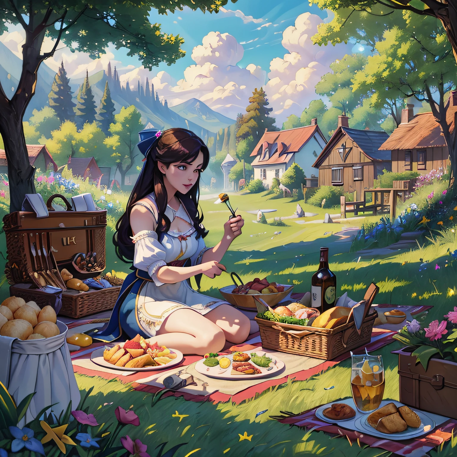 ((Best quality, 8k, Masterpiece :1.3)) impeccable illustration, scene depicting a picnic with League of Legends characters, ultra-precise details, dynamic composition, vibrant colors, enhanced luminosity and shadows, elements such as food, picnic towel and detailed accessories, countryside environment with flowers, trees and grass, pleasant weather with sun and white clouds in the sky. --auto --s2