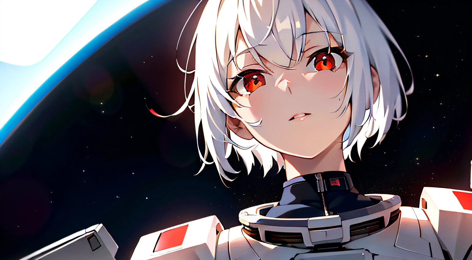 masterpiece , a girl, in space, ( lite white short hair:1.2), (red eyes:1.2), (Extravehicular Mobility Unit:1.2), (looks at the viewer:1.2) , (8k, best quality 1.2), ultra-detailed, 8k uhd, soft lighting, high quality, film grain, beautiful lighting, cinematic ,perfect body , best illumination, best shadow, sharpness, contrast