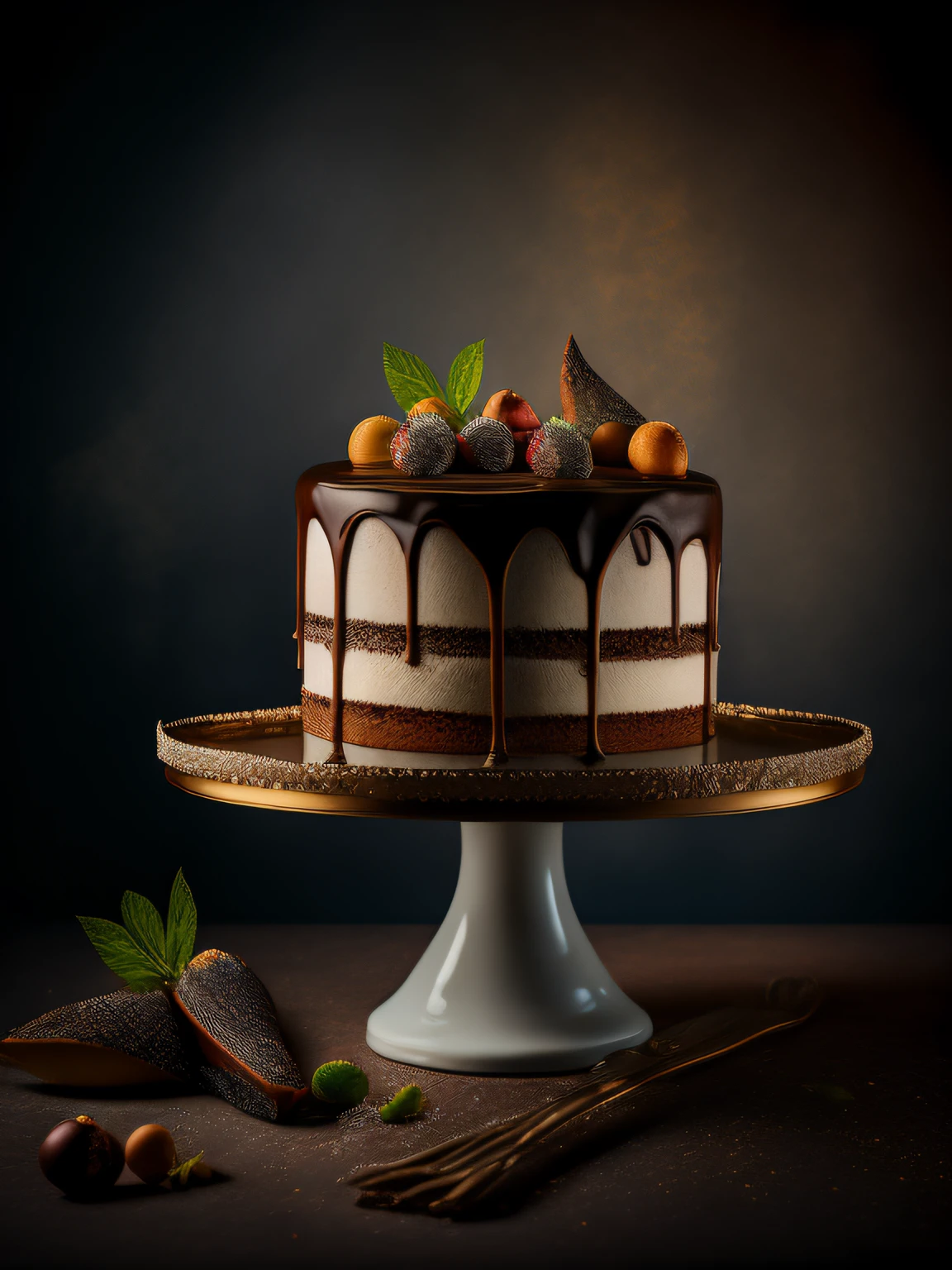 a delicious cake, cinematic, professional photography, studio lighting, studio background, advertising photography, intricate details, hyper-detailed, ultra realistic, 8K UHD