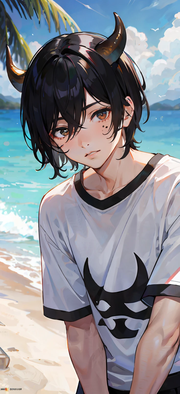 (4k) sunny beach background, beautiful, man with short black hair, buffalo horns, lip mole, wearing t-shirt