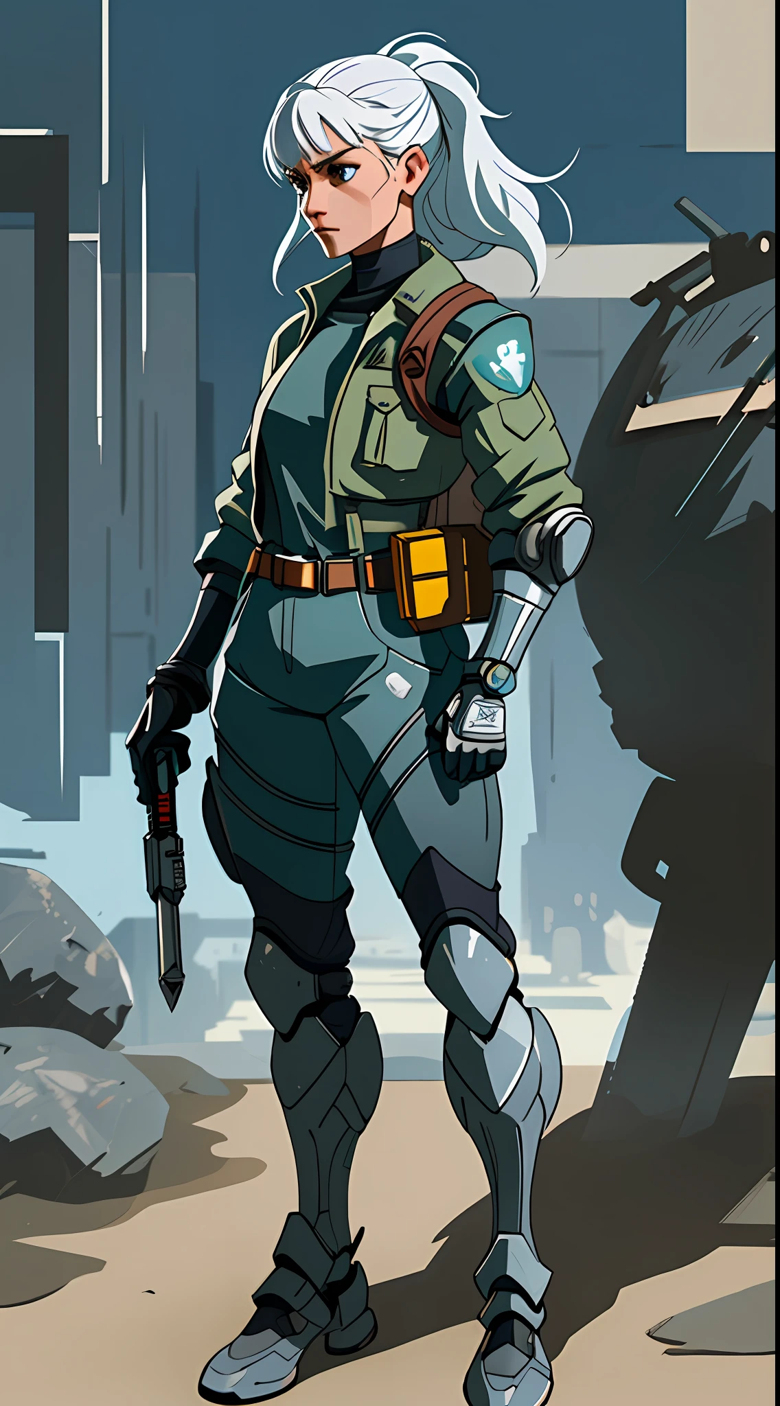 Close-up of a robot with a pistol and a weapon, concept art by a senior environmental artist, winner of the CGolite competition, Digital art, Metal Gear Solid concept art, Full Body concept art, Expert concept art with high detail, Concept art such as Ernest Halimov, FPS game concept art, Concept art, Craig Mullins style, Video game concept art, 8 thousand character concept art, Keirs, dwarves with white hair, in a "scout" exoskeleton made of technological materials, there are gadgets on her armor: a rangefinder, a pocket computer and a laser pistol, in her belt there are pockets for tools and gadgets, Keira is able to quickly repair her exoskeleton and other devices, she is an excellent shooter and has powerful claws on her hands, in the image Keir must be in a fighting pose, with a laser pistol in her hands, and her exoskeleton is painted silver and has rocket engines on her shoulders, Various gadgets and tools should be visible in the background
