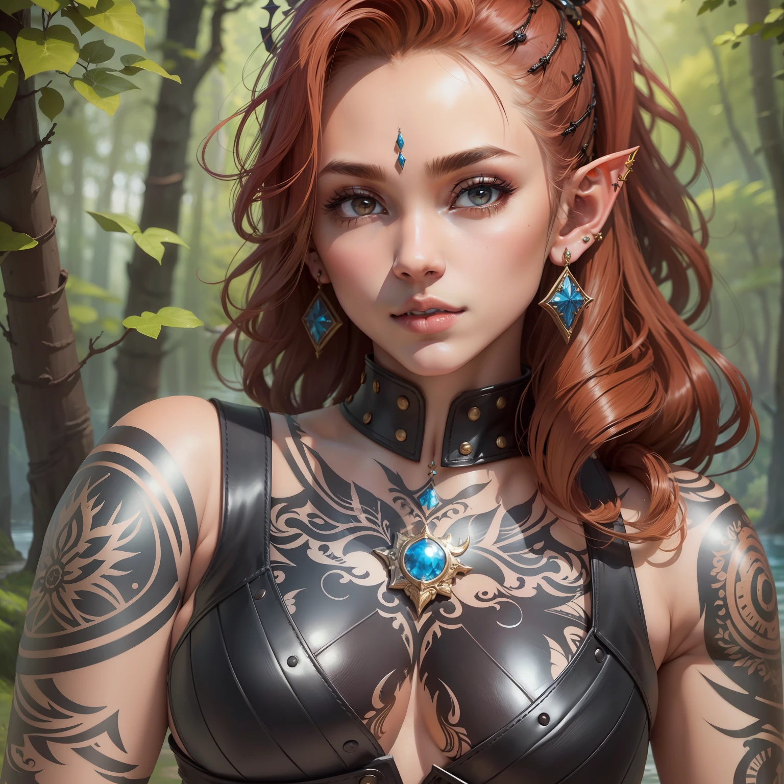 divinely beautiful, dark brown skin elf girl, in open leather mini armor, big tits, Nude lush boobs with piercings, bare crotch, high woven boots, jewelry, with a bow, coquettishly standing, full-length, in front of the lake rocks, erotic model, beautiful tattoos all over the body, arms and legs bracelets, blonde hair, gathered in a ponytail at the top of his head