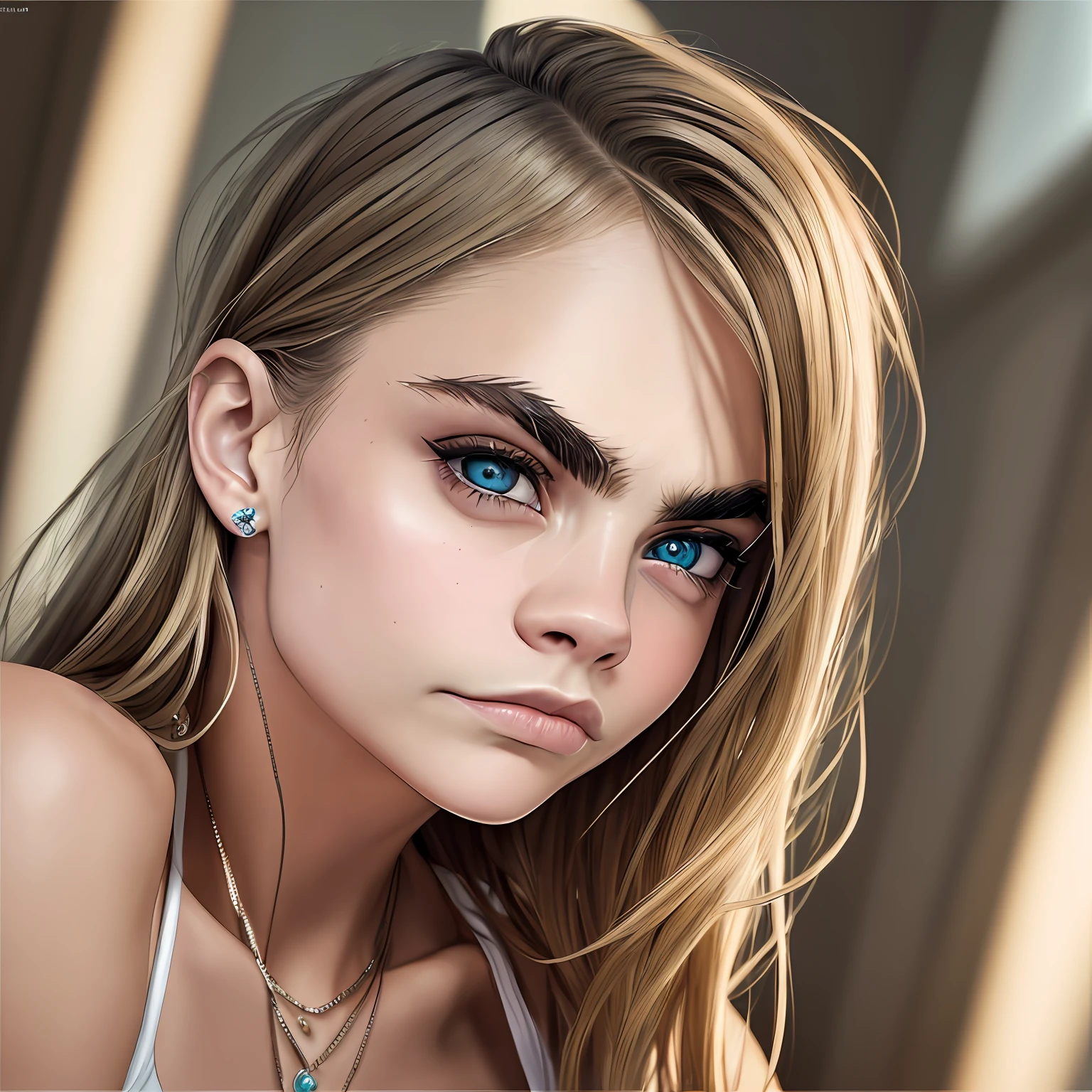 (cara delevingne: 4), (portrait: 3), (thoughtful:1.9), (beautiful eyes: 1.8), (beautiful mouth: 1.8), (focus on mouth: 1.5), (groin: 1.7), collarbone, evening light, extremely detailed, 8yk, raw photo, high level of detail, (ray tracing), (masterpiece), (best quality), high resolution, (realistic: 1.4), physically based representation, ultra-realistic --auto --s2