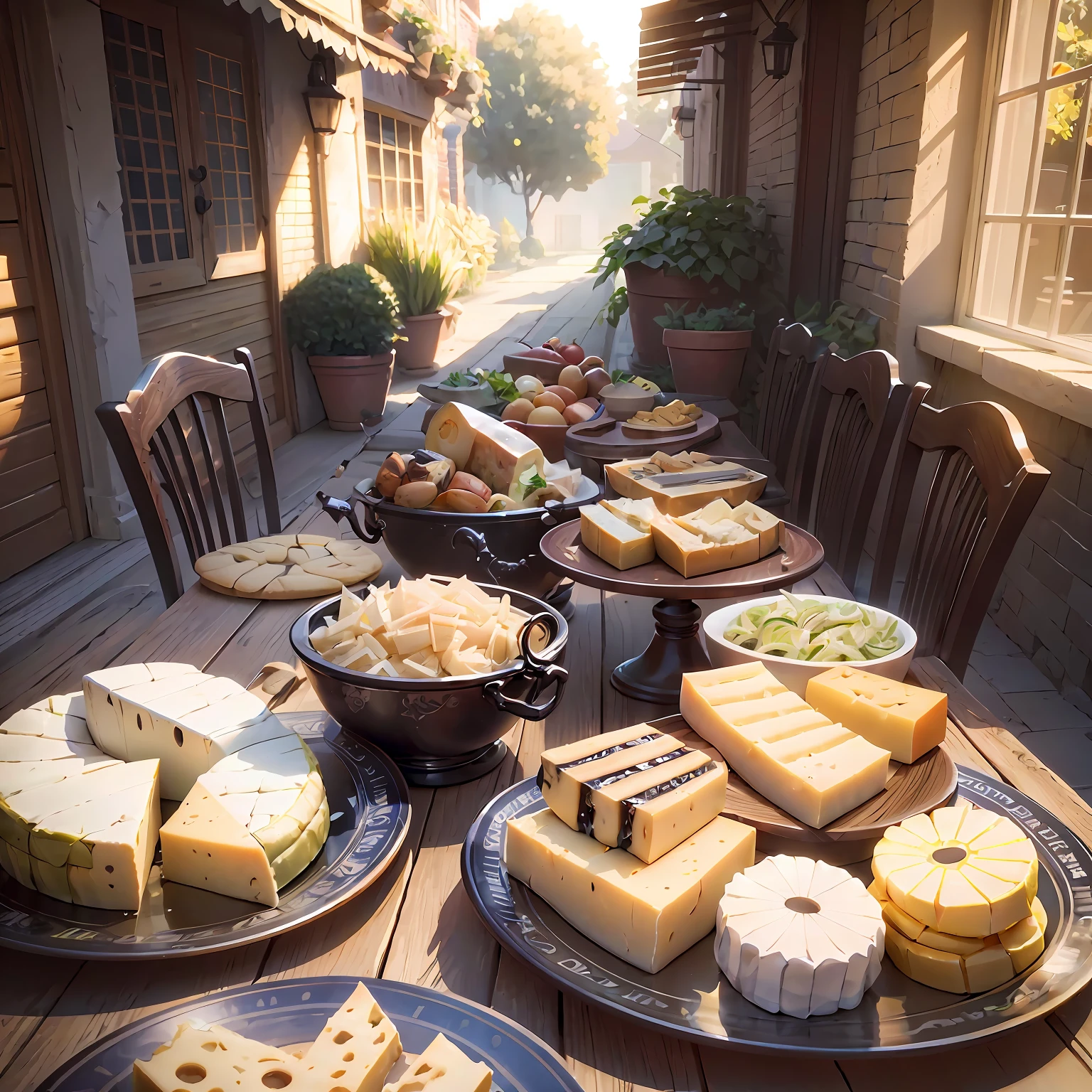 outdoor table with varied cheese qualities, panoramic, bright, morning sun, -- duplications, -- shadow, cinematics, hyperrealistic, octane, highly detailed, photorealistic, hyperdetail --4k --ar 3 : 2 --no, CGI, 3d pixar, 3d rendering, Ultra HD, 8k, 4k, very detailed, realistic, photoreCheeses dalistic, hyperrealistic, artistic lighting, cinematic super realistic, movie, type HD image film lighting on sunny day bright, realistic rendering. --auto --s2