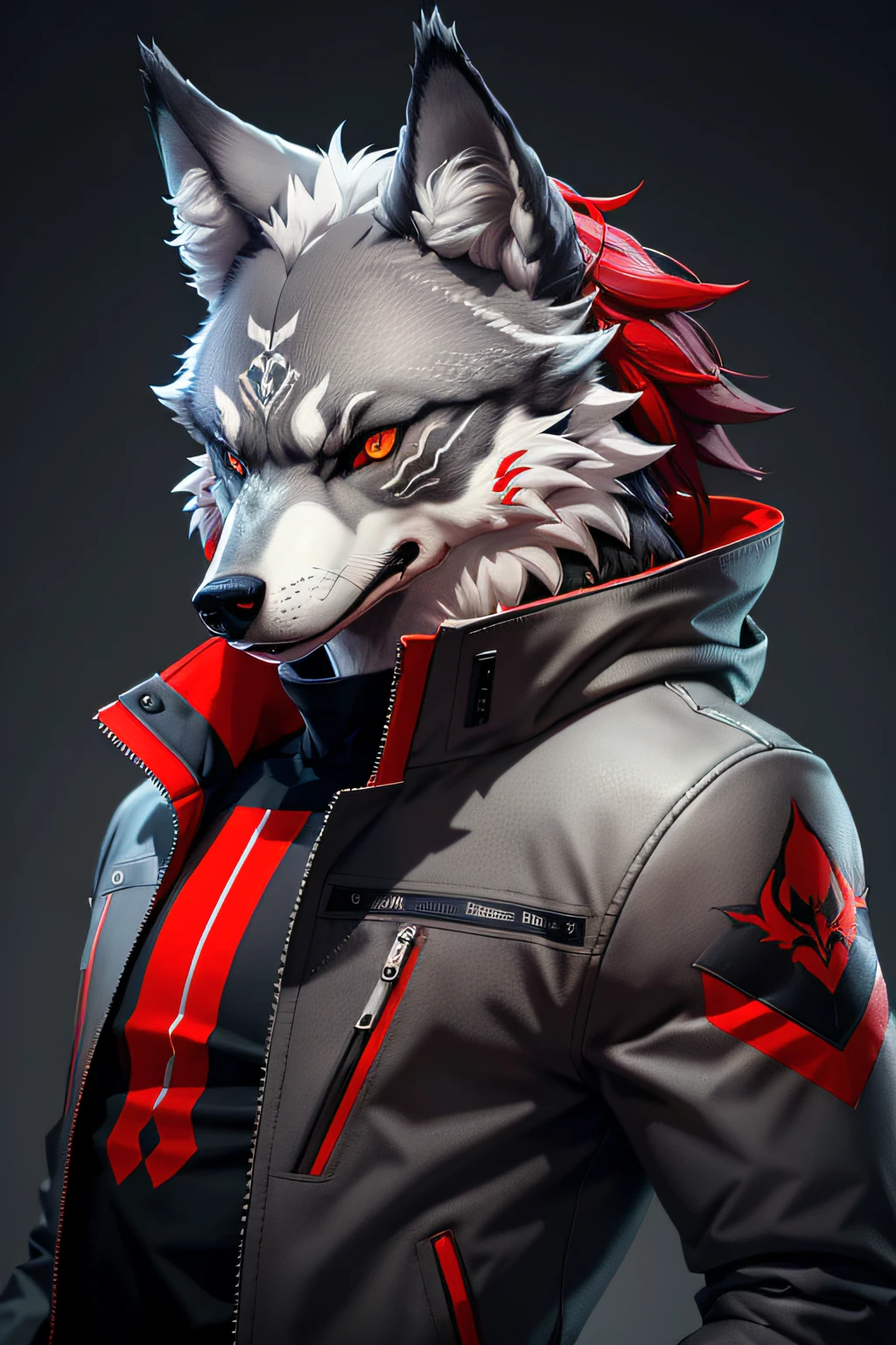 (high quality) (masterpiece) anthropomorphic gray wolf Dark jacket body half (masterpiece) (ultra details), red eyes anthropomorphic wolf detailed eyes and strong lighting on the left side