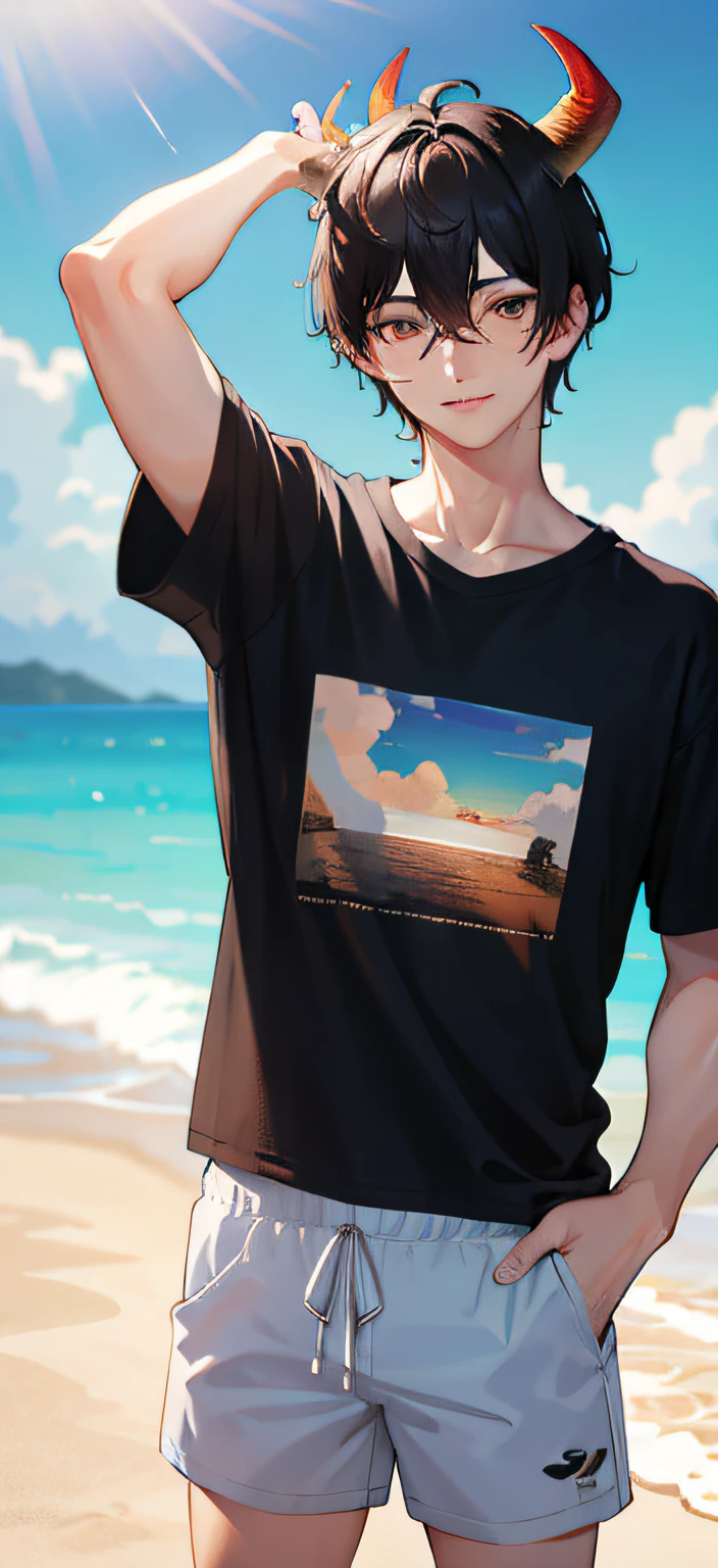 (4k) sunny beach background, beautiful, man with short black hair, buffalo horns, lip mole, wearing t-shirt