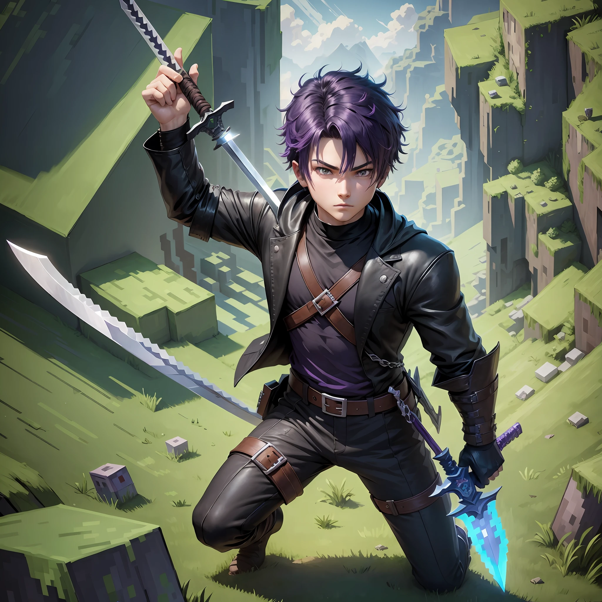 Minecraft player anime version, 4K, boy,with sword in hand, black clothes, strong purple hair, --auto --s2