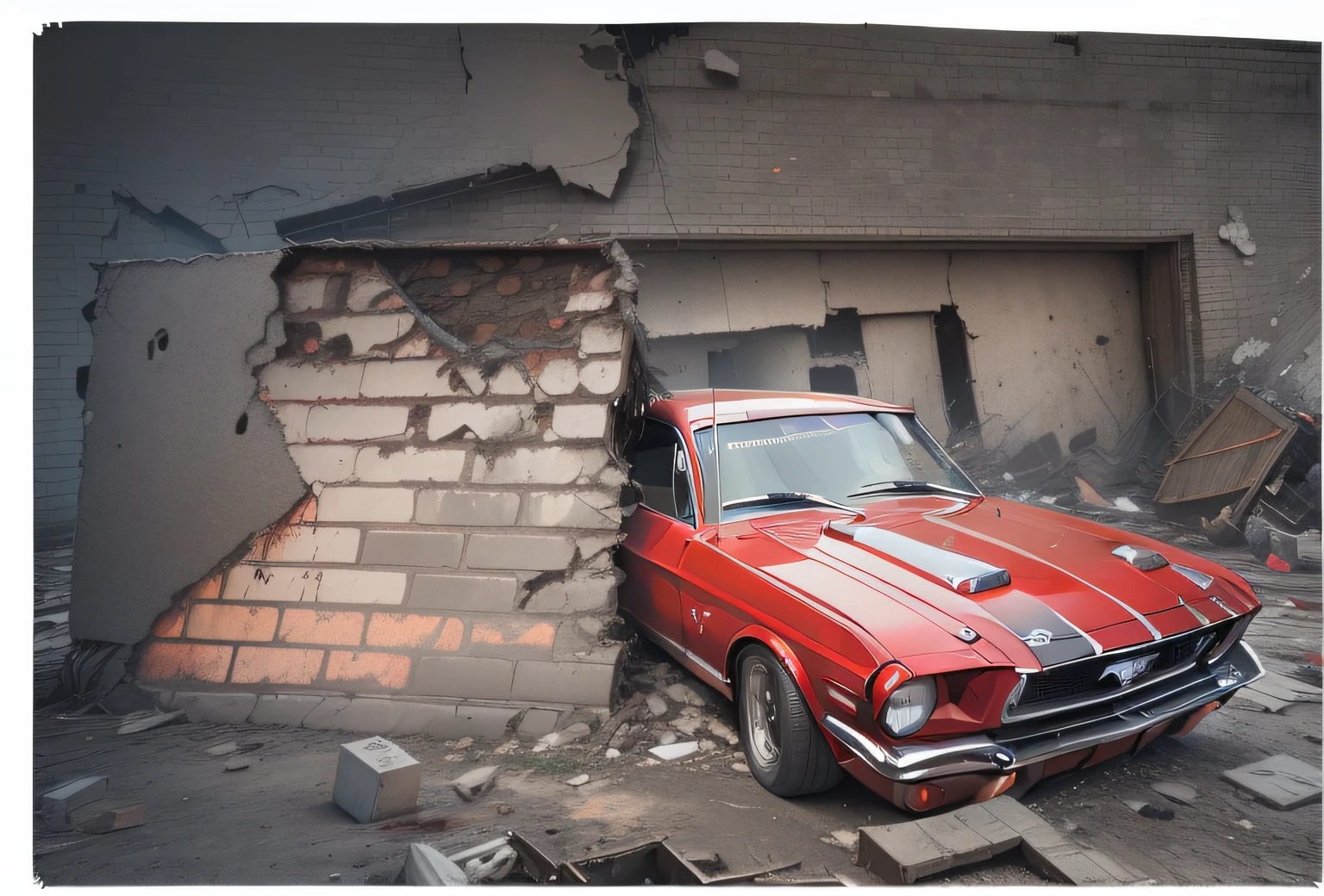 (Mustang car, red car from 1967, crashes into a concrete wall and red bricks, creating an amazing 3D effect that seems to jump off the screen. The wall slowly crumbles as the Mustang crashes into it.) an incredible 3D effect as the wall is slowly destroyed by the impact." HIGH-RESOLUTION EMMEAGE WITH REAL DETAILS --vivid colors --dynamic angle --explosion smoke --debris everywhere --realistic detail --car emphasis " --auto --s2