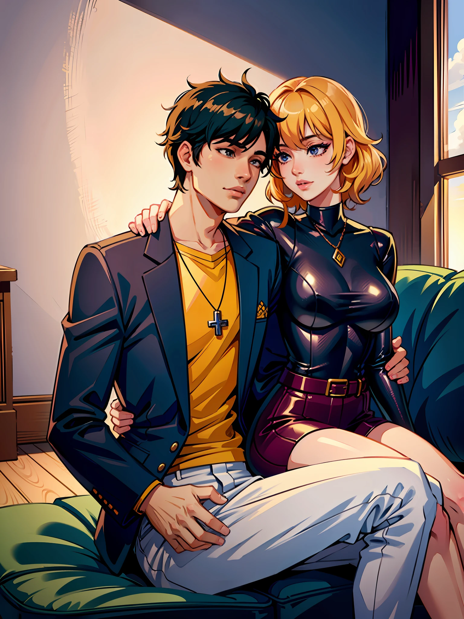 (masterpiece),(best quality:1.0), (ultra highres:1.0), detailed illustration, 8k, 1boy, 1girl, girl sitting on boy's lap, shot from side, romantic, highly detailed, anime style, vibrant