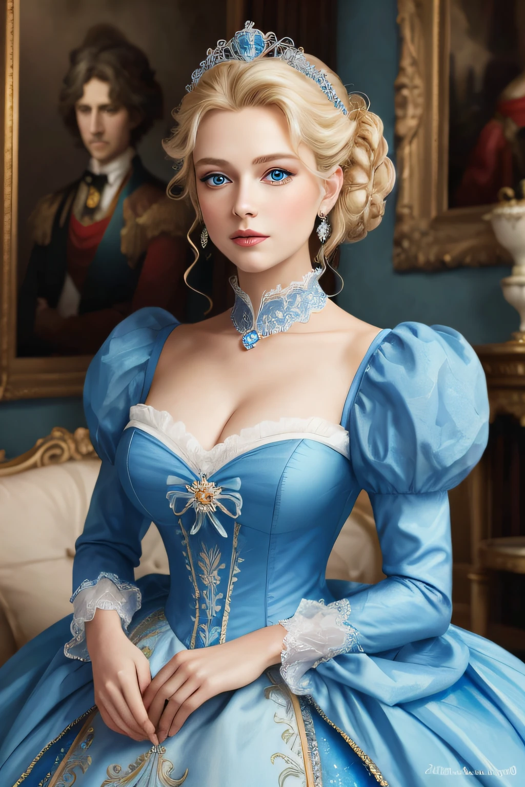 best quality, ((masterpiece)), portrait, Cinderella dressed in a stately and elaborate ballgown with huge puffed sleeves, ((perfect face)), elaborately curled and styled blonde hair, blue eyes (perfect eyes)