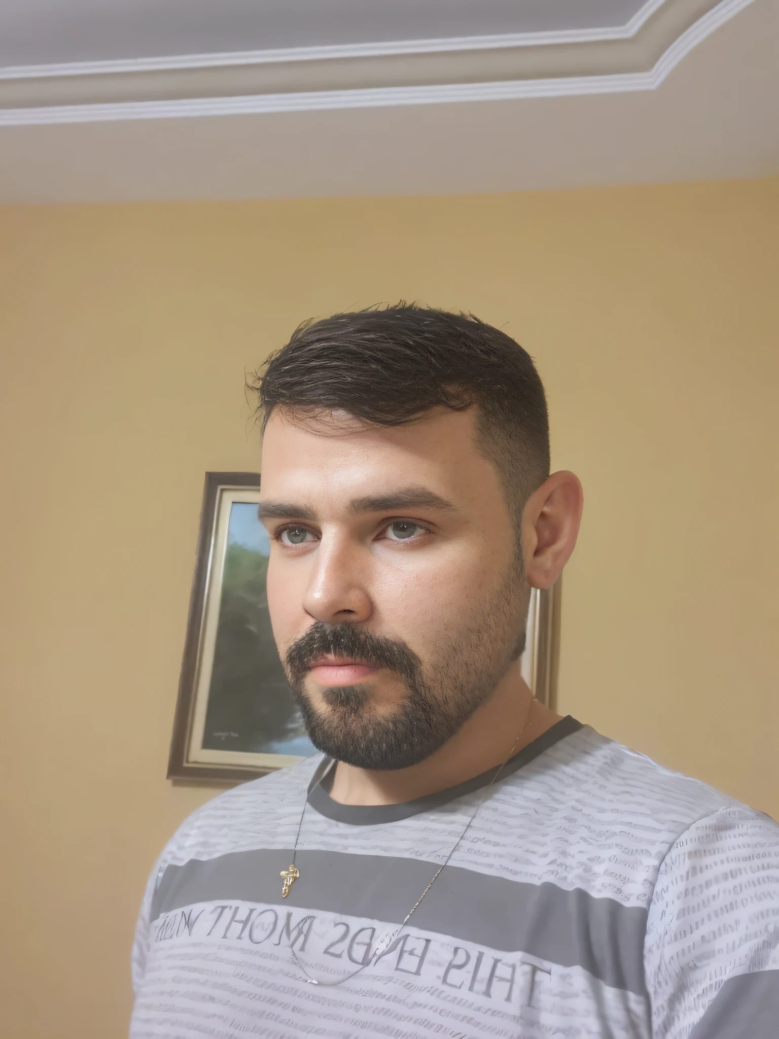 there is a man with a beard and a necklace on, about 3 5 years old, professional profile picture, short beard, frontal picture, with a small beard, small beard, without beard and mustache, (38 years old), short stubble, without beard, 4 0 years old man, 3/4 profile, 2 9 years old, 2 7 years old, MANTENHA O O DESENHO DO ROSTO, E TRANSFORME EM UM GUERREIRO MEDIEVAL.