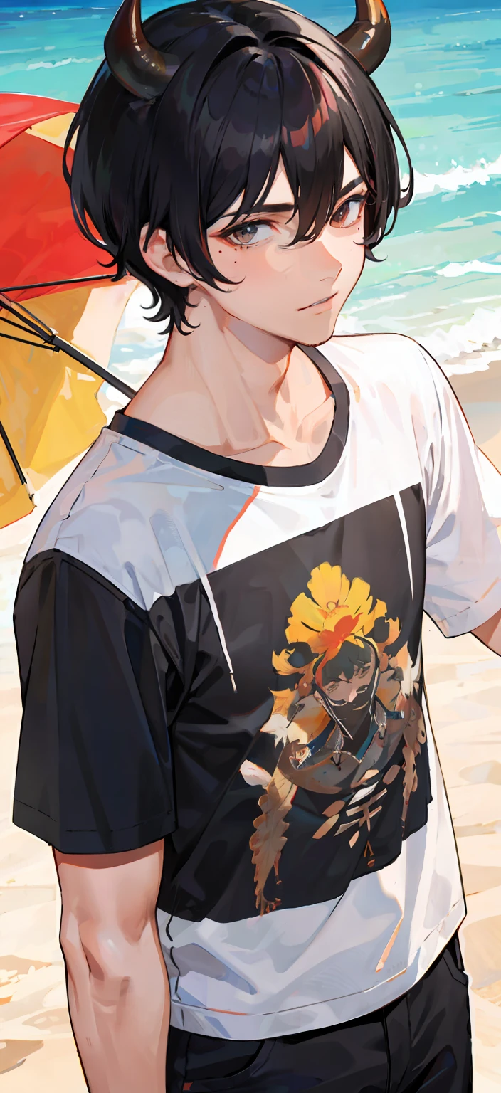 (4k) sunny beach background, beautiful, man with short black hair, buffalo horns, mole under lip, wearing t-shirt