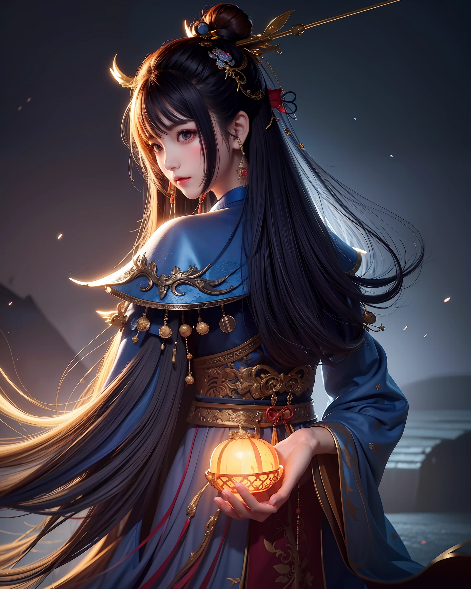 masterpiece, best quality,Chinese fairy, 1girl\(loli\) and iris blue dragon, Chinese dragon pan glaring at girl, bun, dark gray background,