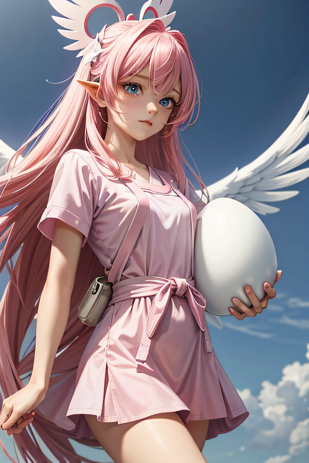 Angel, (monster girl), pink skin, pink and darker pink tuffs of hair, small blue eyes, wearing a nursing outfit, pouch with a large egg inside it, small pink tail, masterpiece, best quality