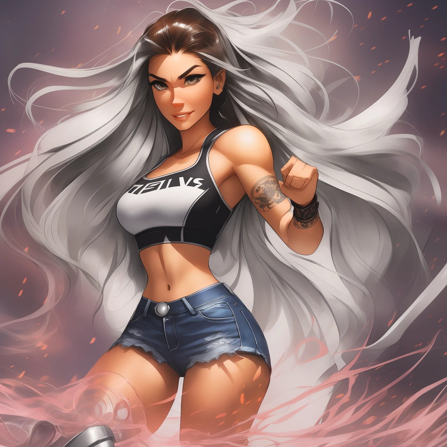 :: JOE MADUREIRA STYLE:: BEAUTIFUL WOMAN perfect and detailed, ultra detailed style clothes with tatoon designs and colors of light pink, black, white and gray, with various full-body attack poses and with immersive effects, hover effect, graphite style background with vibrant colors "ultra hdr" detailed, focus effect, sneakers all star converse black (masterpiece:  1.2, best quality), (finely detailed beautiful eyes: 1.2), extremely detailed hair, depth of field,shot with Canon EOS,lens 135mm f1.8,portrait of [x]((1Girl Kelly Brook Beautiful Woman )),long hair, straight and bright yellow black,with a natural glow and stuck like ponytail ((Solo)), (Ultra detailed eyes:1.4), (Finely detailed eyes and detailed face:1.3), ), (With ULTRA DETAILED jeans and a white t-shirt with full ultra detailed tatoom print:1.3),(torn outfit), (Beautiful and clear background:1.2), (Extremely detailed CG, Ultra-detailed, Best Shadow:1.1),("" character with his super power in the right fist"")((Depth of field and blur)), ((Watercolor)), Large breasts, Bare shoulders, Flowers and petals, Beautiful conceptual illustration , (white background:0.5),  (Illustration :1.1), (extremely fine and beautiful: 1.1), (perfect details: 1.1) graffiti style background, freedom, screaming very loud, with angry face releasing too much power, digital illustration, perfect anatomy, centered, approaching perfection, dynamic, highly detailed, watercolor painting, artstation, concept art, smooth, sharp focus, illustration, perfect anatomy, centered, approaching perfection, dynamic, highly detailed, character sheet,  artstation, concept art, smooth, sharp focus, illustration, full body shot, character sheet, lightning wave, beautiful anime watercolor painting, --auto --s2