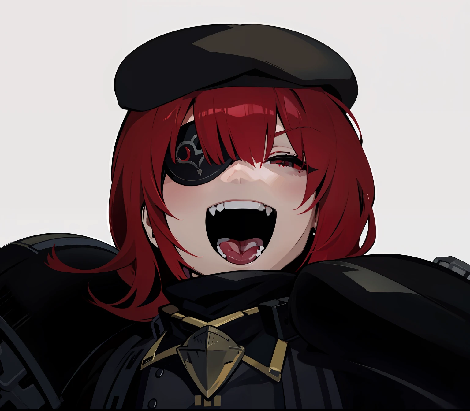 red hair, black beret, eyepatch, smile, armor, cum on tongue, hd, highres