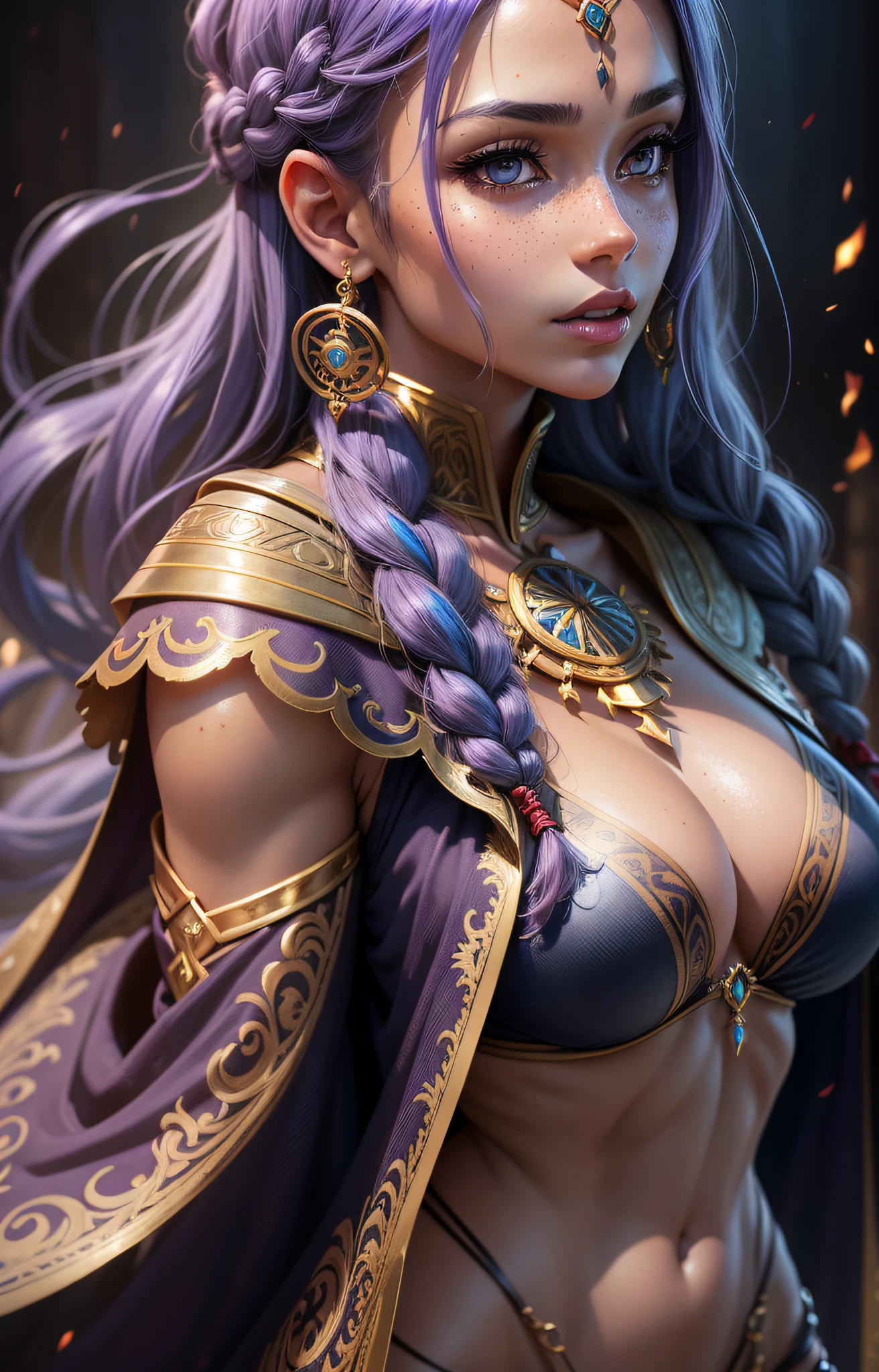 Beautiful goddess wearing a cloak, back facing the camera, looking back over her shoulder, bending over, posing for a picture, cinematic goddess body shot, sexy body, realistically shaded perfect body, colored hair with braids, photorealistic perfect body, unreal engine rendering + a goddess, goddess. extremely high details, beautiful goddess, photorealistic anime girl rendering, beautiful female body, perfectly shaded body, sexy hot body, cleavage, moist skin, tan, medium breasts, complicated, naughty, seductive look, piercing, trending on ArtStation, slim waist, narrow hips, slim body, hourglass body, looking back over the shoulder, perfect detailed eyes, freckles, under boob, side boob, perfect small butt