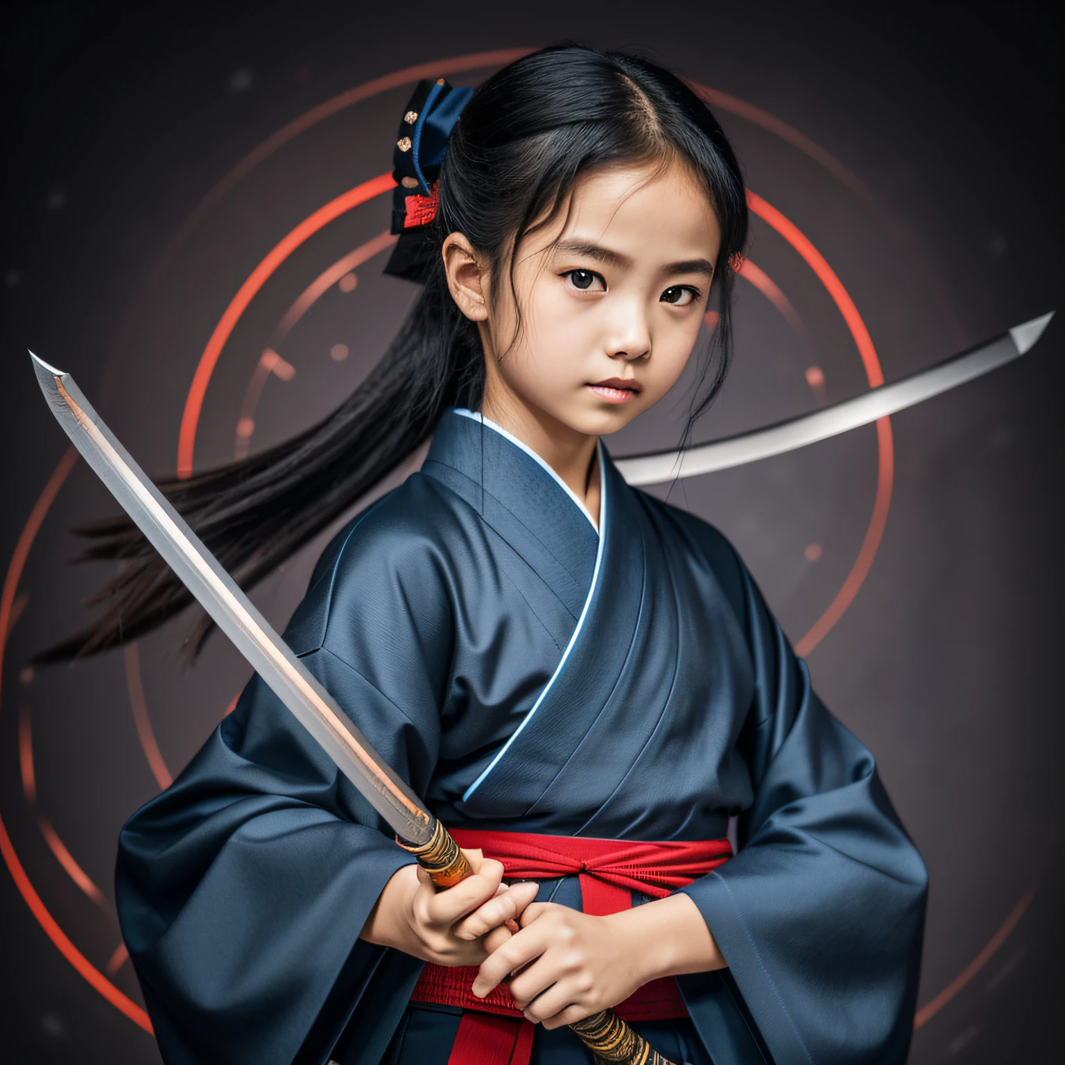 best quality (katana: 1.4), serious,(at night: 1.4), The 15-year-old has black, straight and shiny hair, which falls gently to the shoulders. The eyes of the child are dark, It looks identical Albert Einstein, They reflect determination and an inquisitive curiosity. With his upright posture, the child shows a confident bearing and an aura of maturity. She wears an elegant and distinctive dark blue kimono. The wide sleeves of the kimono extend to the wrists, At his waist, the child carries a red katana, which glows with a vibrant energy. The long, sharp blade is made of polished steel, reflecting light. --auto --s2