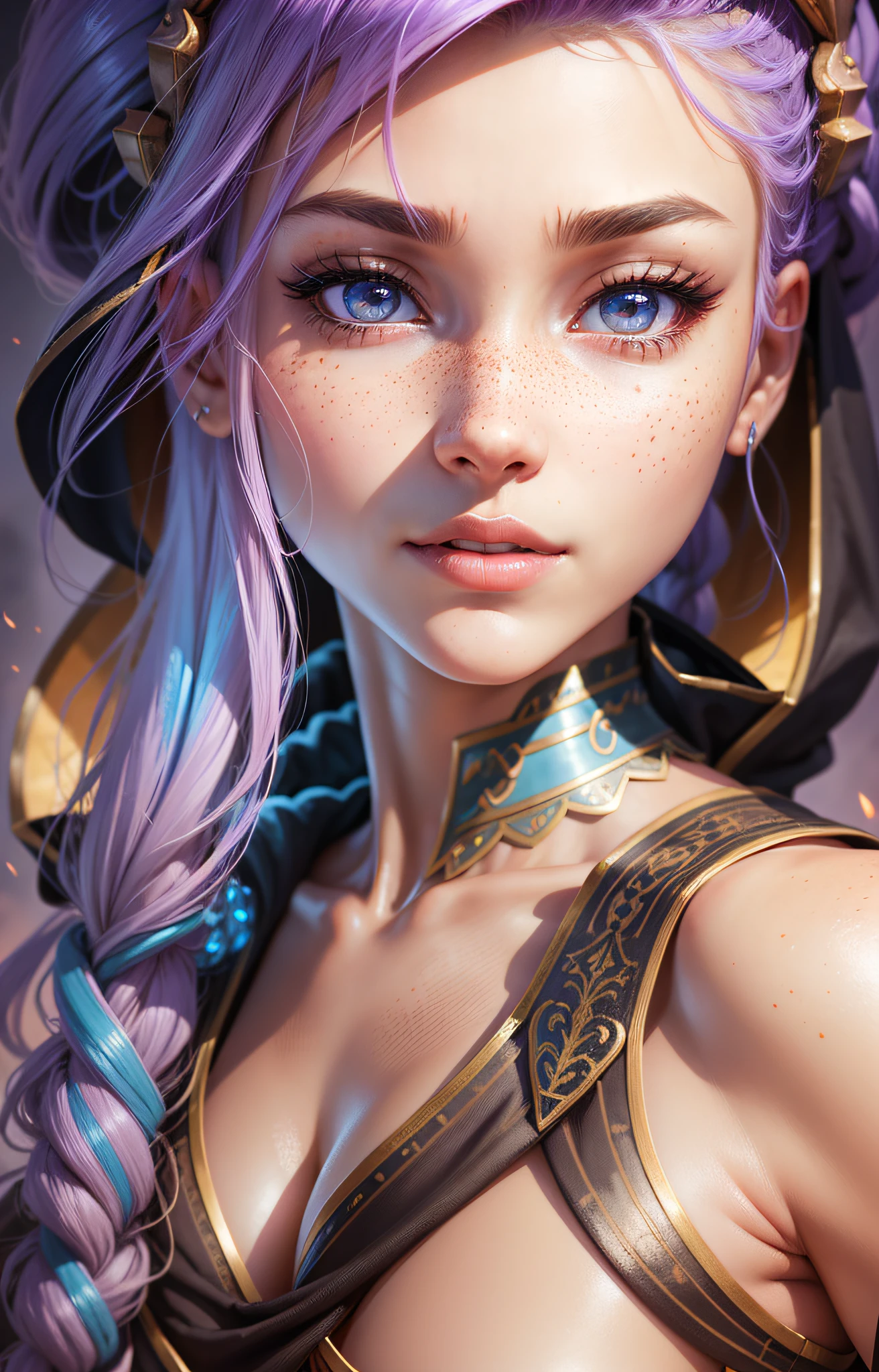 Beautiful goddess wearing a cloak, back facing the camera, looking back over her shoulder, bending over, posing for a picture, cinematic goddess body shot, sexy body, realistically shaded perfect body, colored hair with braids, photorealistic perfect body, unreal engine rendering + a goddess, goddess. extremely high details, beautiful goddess, photorealistic anime girl rendering, beautiful female body, perfectly shaded body, sexy hot body, cleavage, moist skin, tan, medium breasts, complicated, naughty, seductive look, piercing, trending on ArtStation, slim waist, narrow hips, slim body, hourglass body, looking back over the shoulder, perfect detailed eyes, freckles, under boob, side boob, perfect small butt