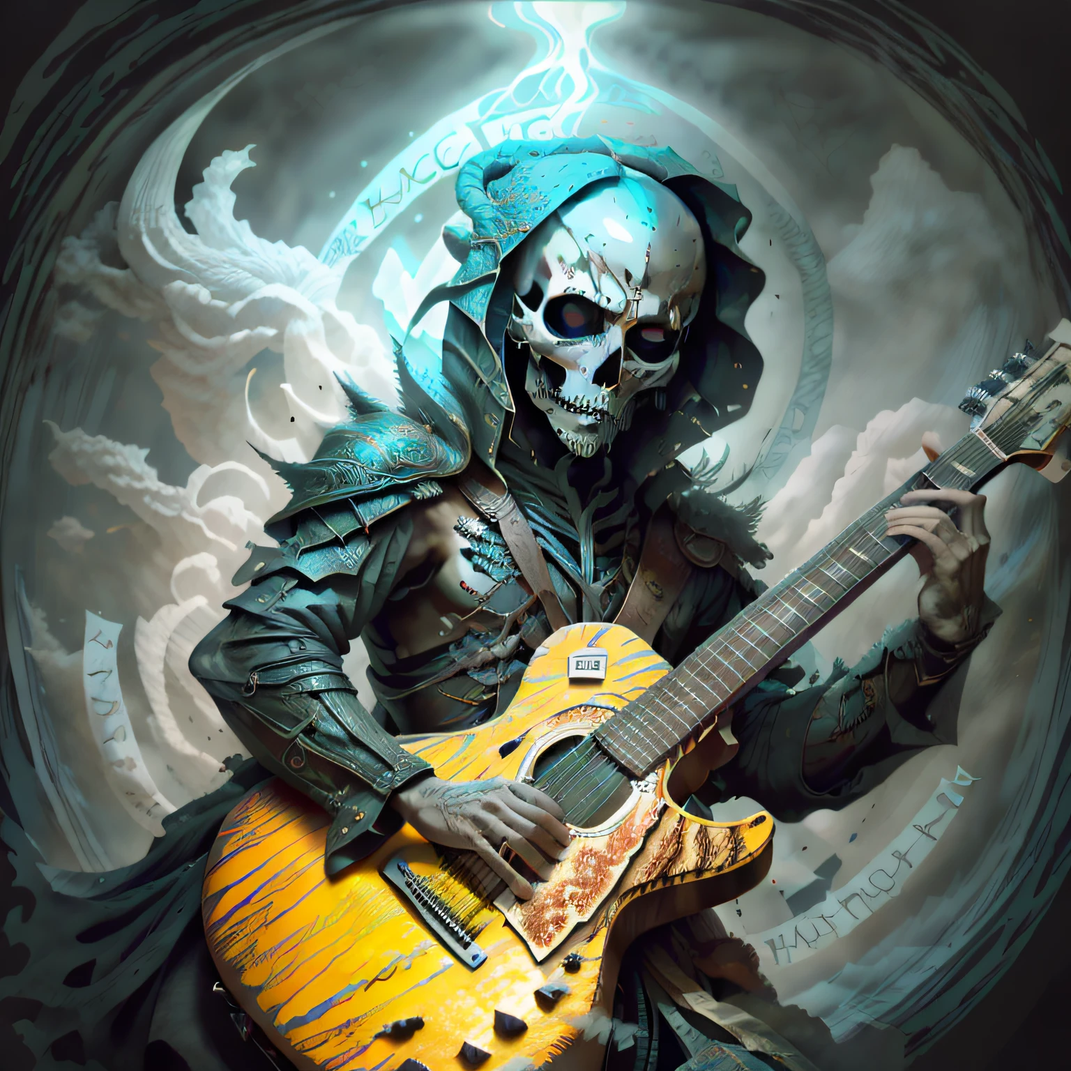 "The Dark Reaper, with his guitar, on a black and blue background, with the text 'TiagoTurilli' written in white to his right, with the expressive technique, color saturation at 5, ." --auto --s2