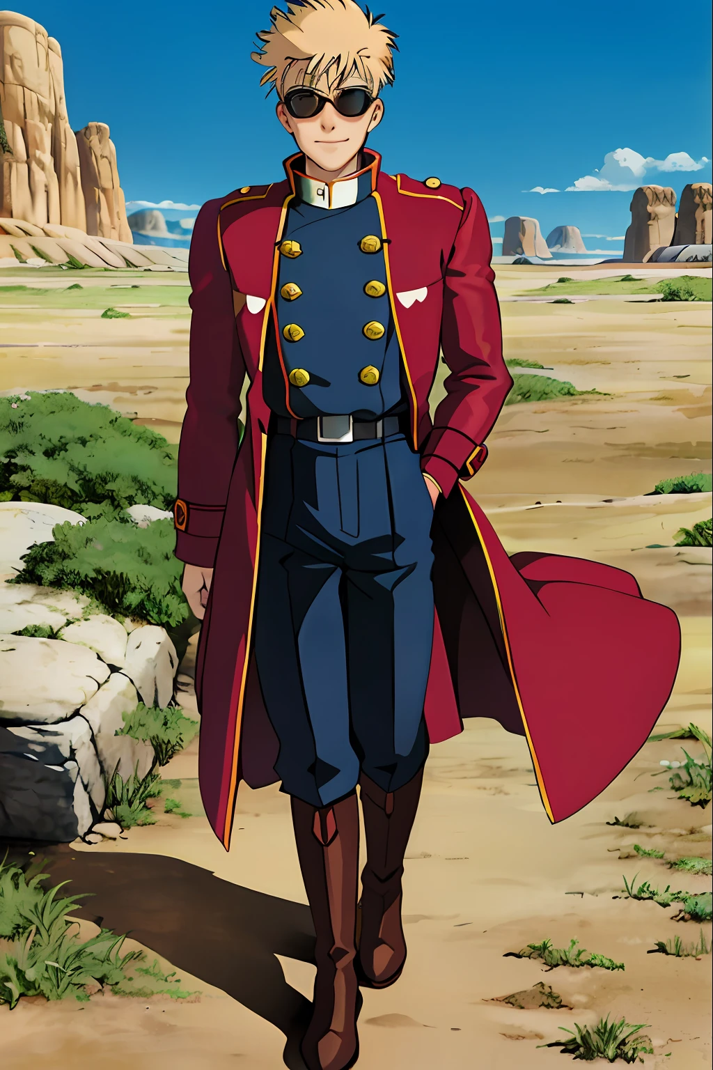 ghibli style, vash \(trigun stampede\), 1 boy only, blonde hair, front swept undercut hairstyle, soft expression, slightly smiling, front and side, blue eyes, red clear tinted sunglasses, desert, highres, jewelry, short hair, long sleeves, dessert, solo, standing, trigun stampede, upper body, black turtle neck shirt, black pants, red open coat, brown boots, トライガンスタンピード, Toraigan Sutanpīdo