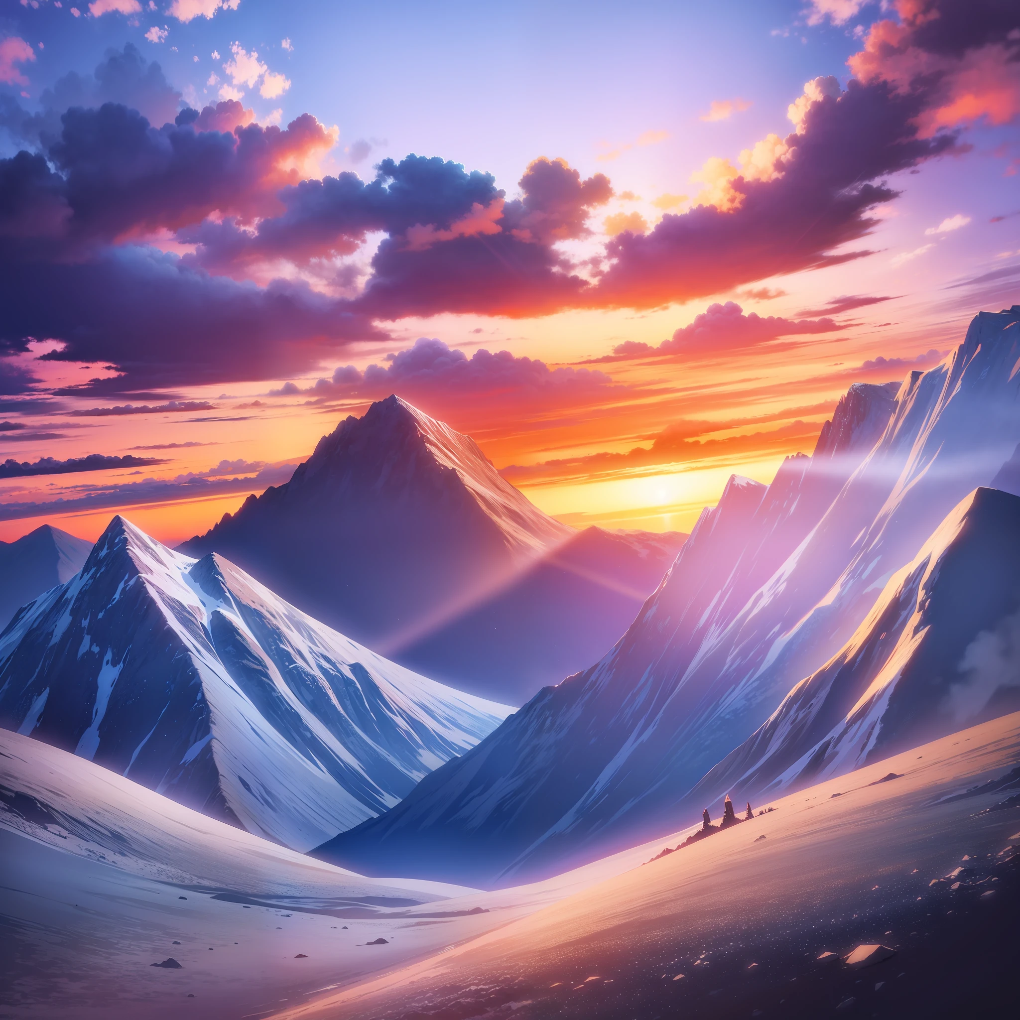 Beautiful scenery in the mountains, with orange and purple clouds at sunset, mesmerizing and magical.