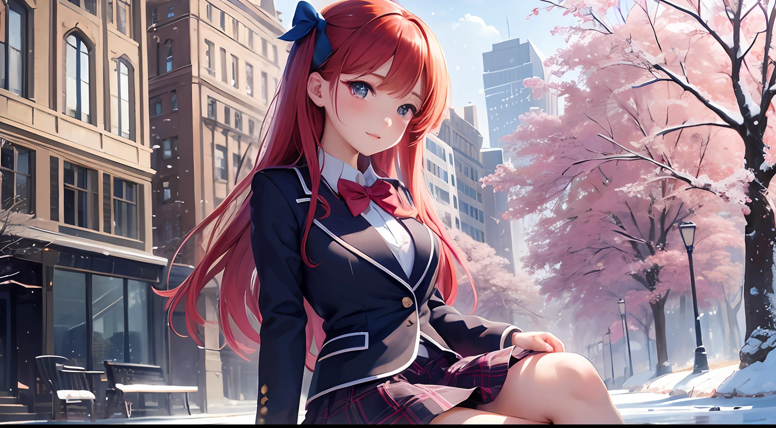 (masterpiece, best quality, ultra-detailed), (illustration), (beautiful detailed eyes), (1girl), (solo), nishikino maki, purple eyes, blush, skirt, bow, sitting, jacket, red hair, bowtie, blue bow, blazer, winter uniform, blue bowtie, otonokizaka school uniform, outdoors,