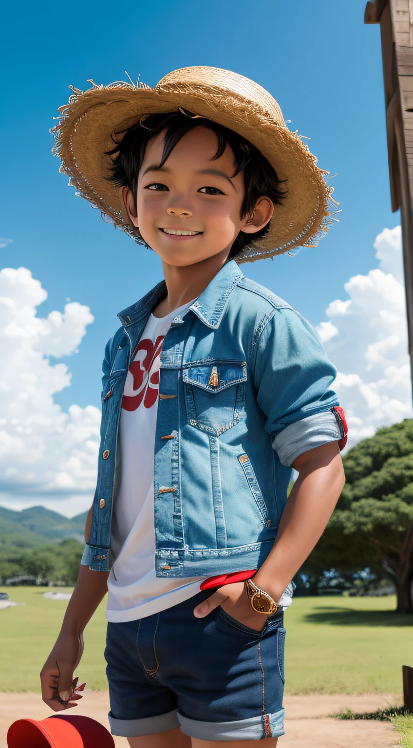 chibi monkey D. Luffy, child, black hair, with straw hat, male focus, solo, sky, green eyes, cloud, day, blue sky, male child, open red jacket, blue jean shorts, smiling. Outdoor, upper body, overcast sky, unreal engine, ultra high definition, 8k, --q 1 --v 4 --v 4 --q 2 --uplight