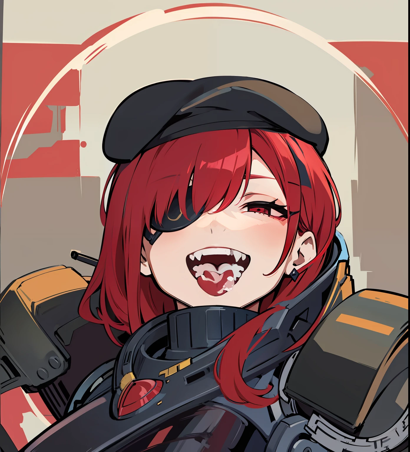 red hair, black beret, eyepatch, smile, armor, cum on tongue