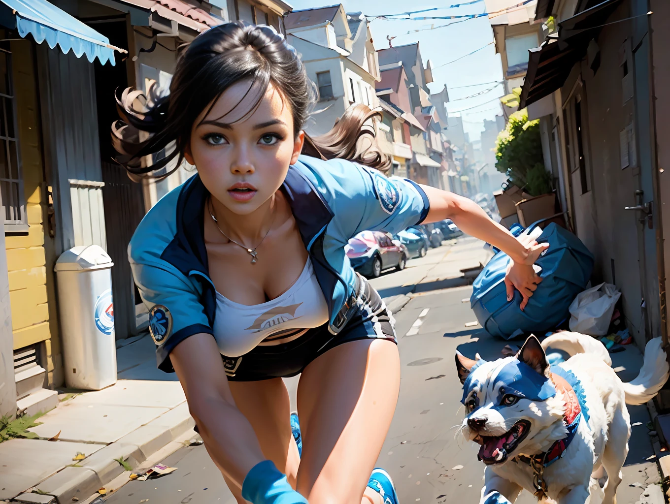 (Dreamshaper model), Close-up Woman looking at camera running from ferocious dog in suburban alley, summer afternoon majestic sun, blue sky, scattered garbage, dynamic pose, cinematic shading, soft warm lighting, intricate details, vivid colors, 3:2