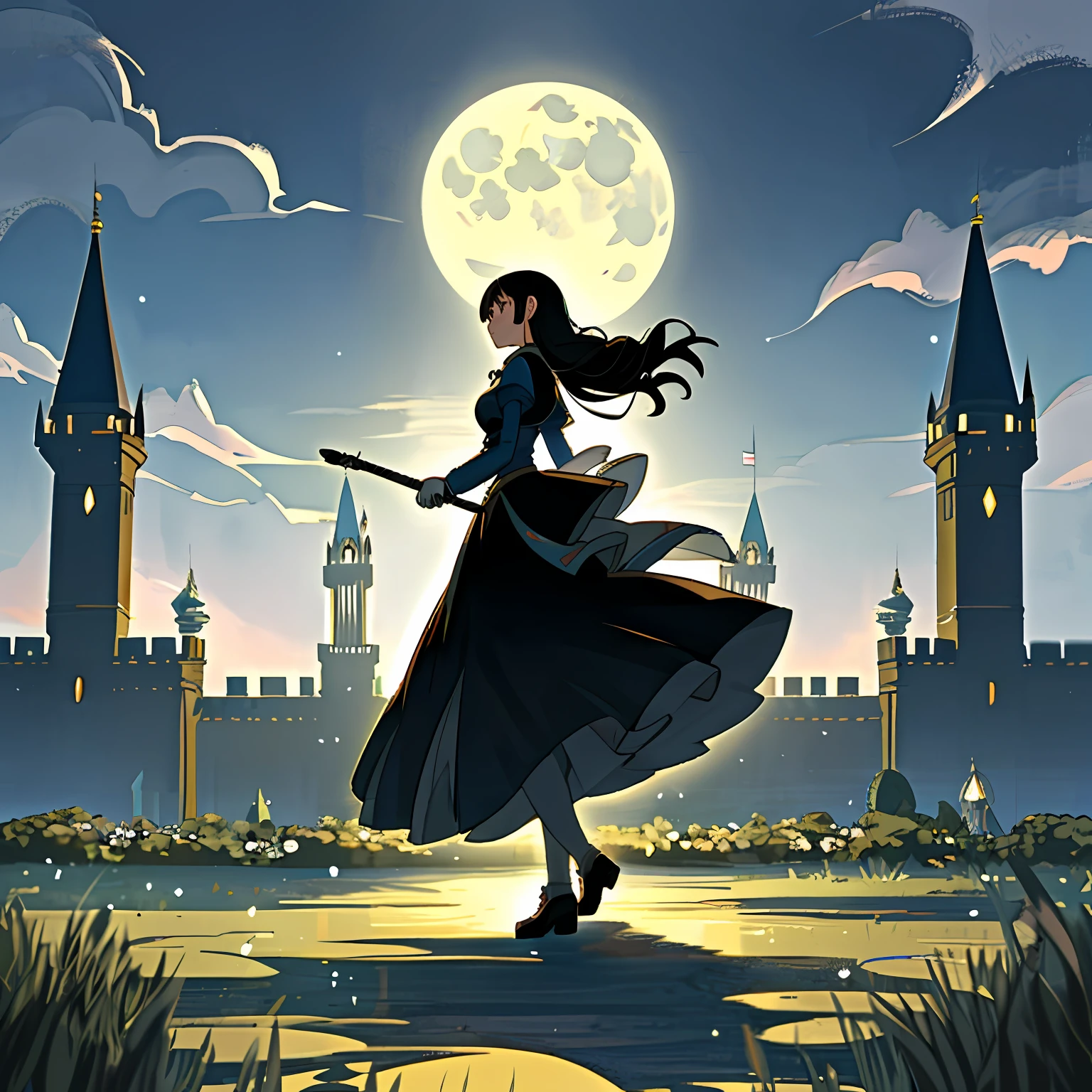 A girl with black hair walking in the castle garden on full moon night