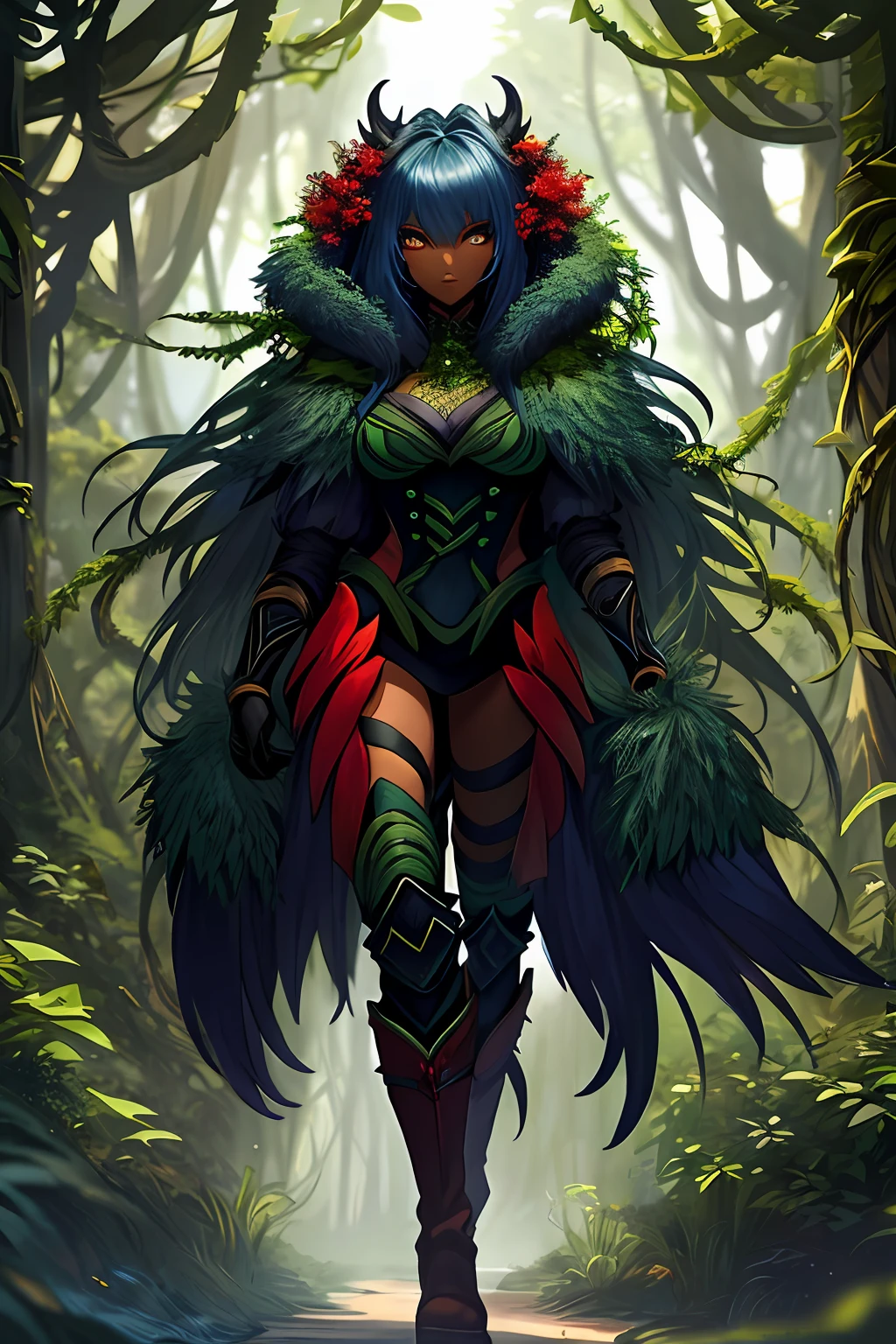 Alraune, (monster girl), ebony skin, large eyes, completly covered in blue vines, red boots, masterpiece, best quality