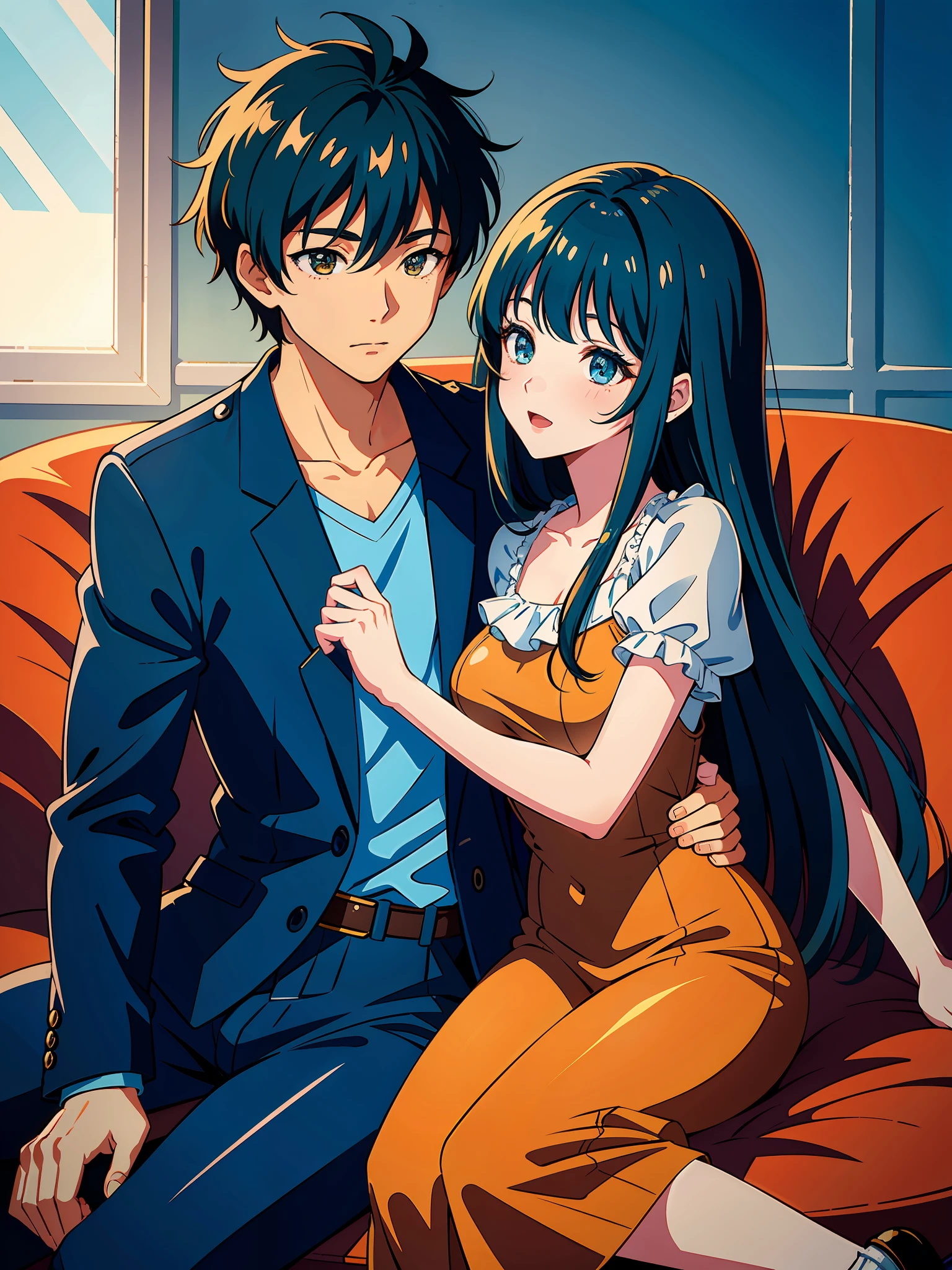 (masterpiece),(best quality:1.0), (ultra highres:1.0), detailed illustration, 8k, 1boy, 1girl, girl sitting on boy's lap facing the boy, romantic couple, highly detailed, anime style, vibrant