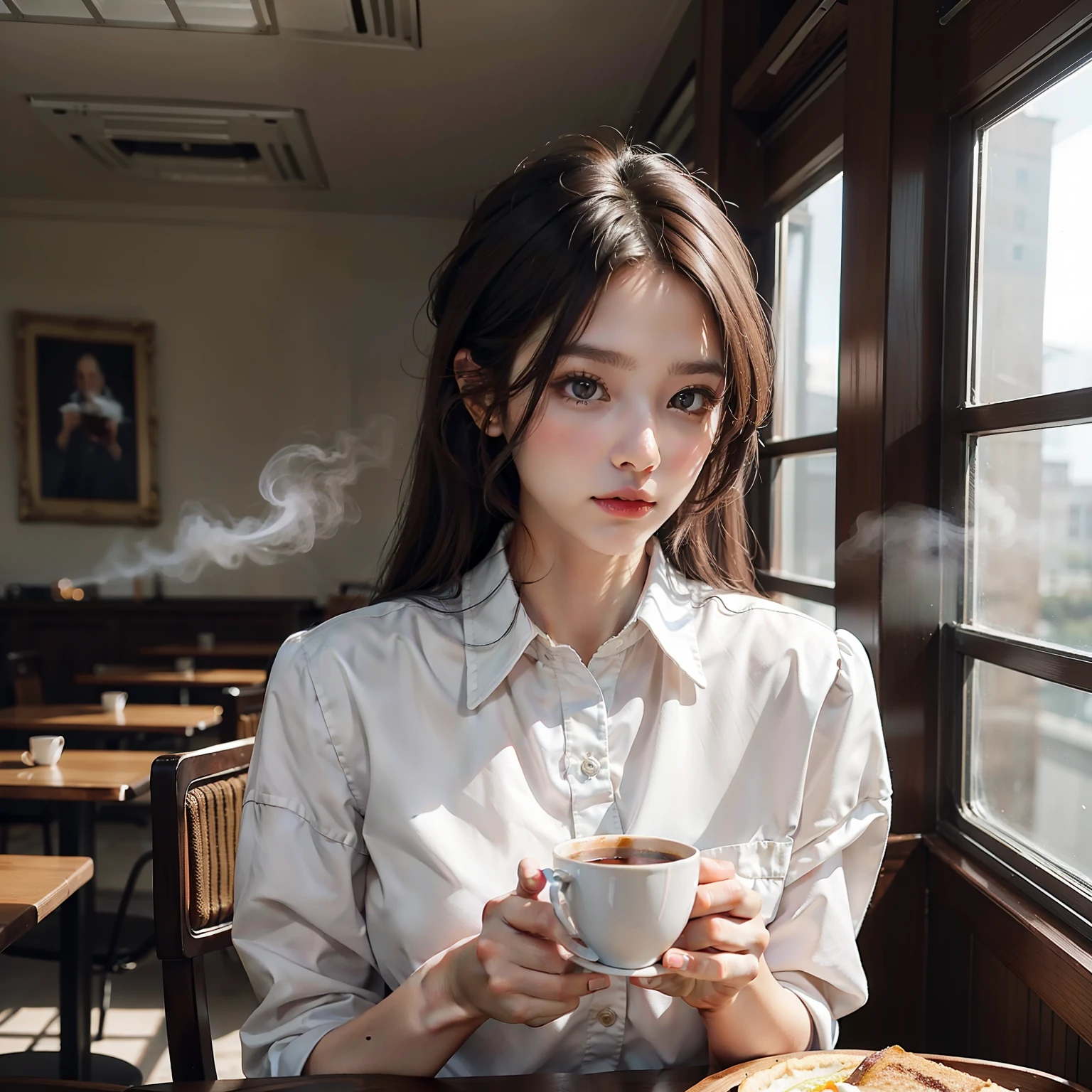 formal clothes, breakfast in cafeteria, elegant woman, neat hair, natural makeup, cozy atmosphere, steaming cup of coffee, soft light.