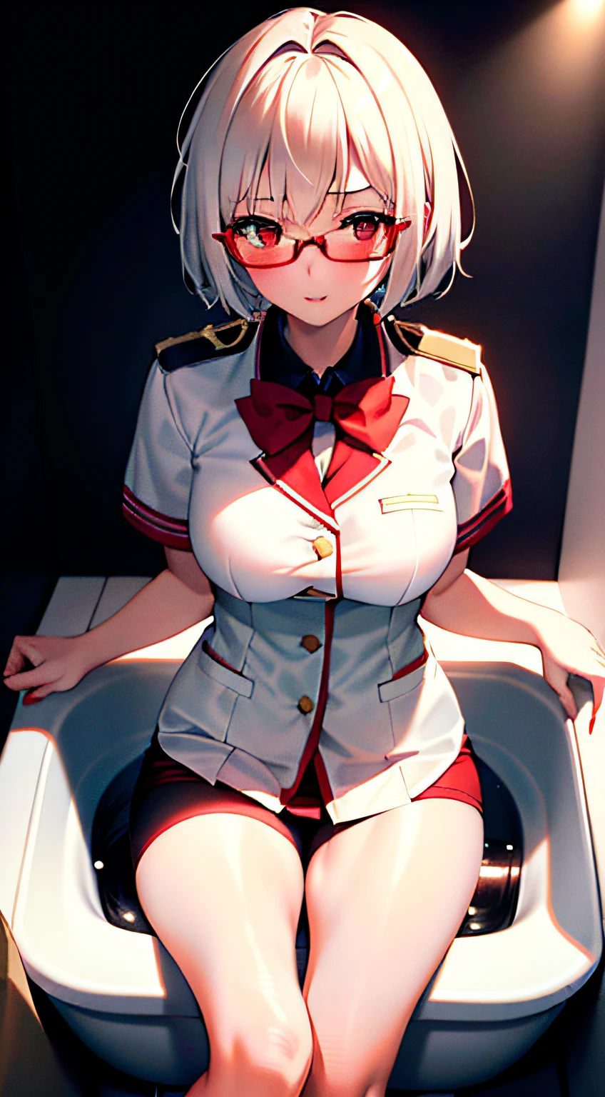 masterpiece , a girl, in toilet, ( lite white short hair:1.2), (red eyes:1.2), (uniform:1.2), (looks at the viewer:1.2) , (8k, best quality 1.2), ultra-detailed, 8k uhd, soft lighting, high quality, film grain, beautiful lighting, cinematic ,perfect body , best illumination, best shadow, sharpness, contrast, white panties, black pantyhose, red glasses, vaginal, nsfw, blush