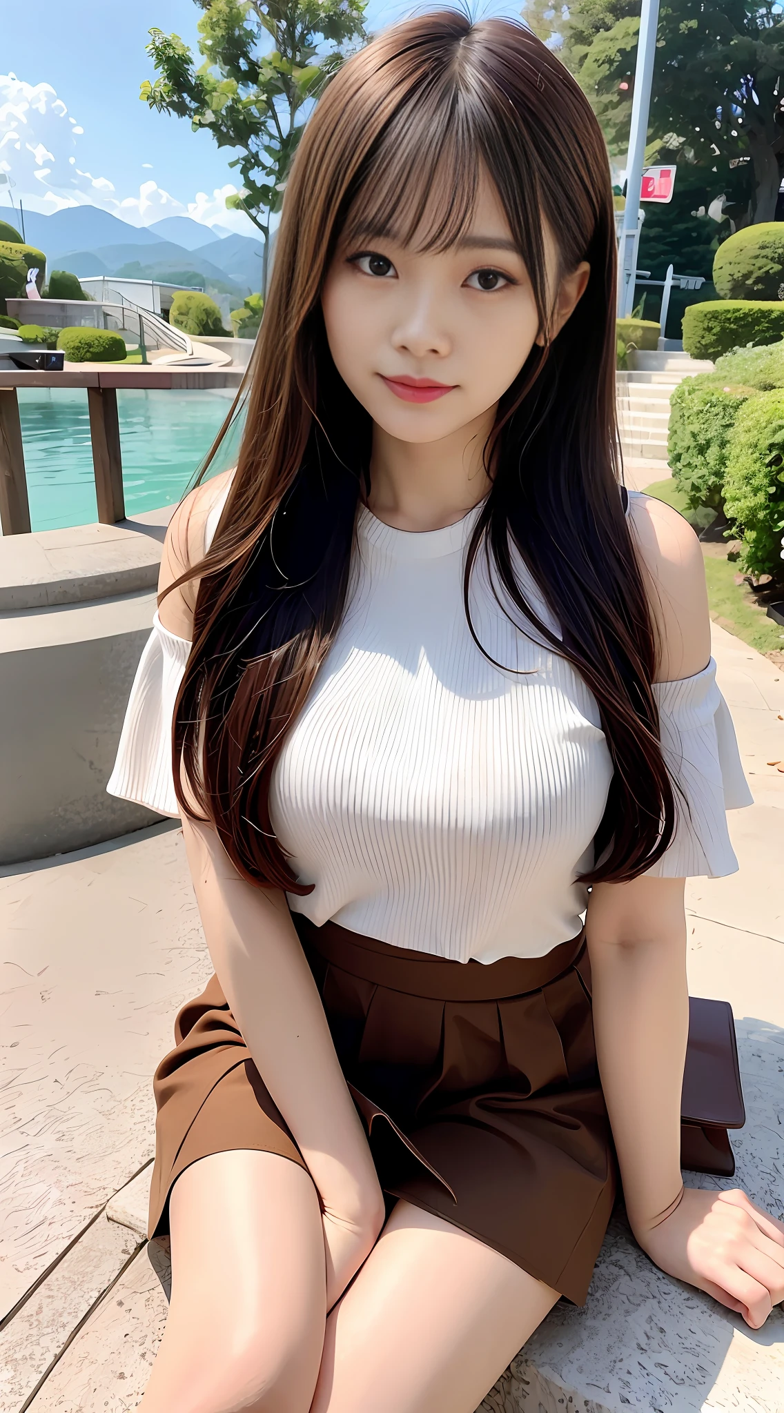 An Asian woman sitting on the steps of the mountain, watching the sunrise, asian girl long hair, long hair, long brown hair bangs, korean girl, long brown hair, beautiful korean woman, gorgeous young korean woman, brown long straight hair, charming long hair, ulzzang, beautiful korean young woman, long hair thick, white suspender T-sleeves, black skirt, low cut, big breasts, bare shoulders, hips,