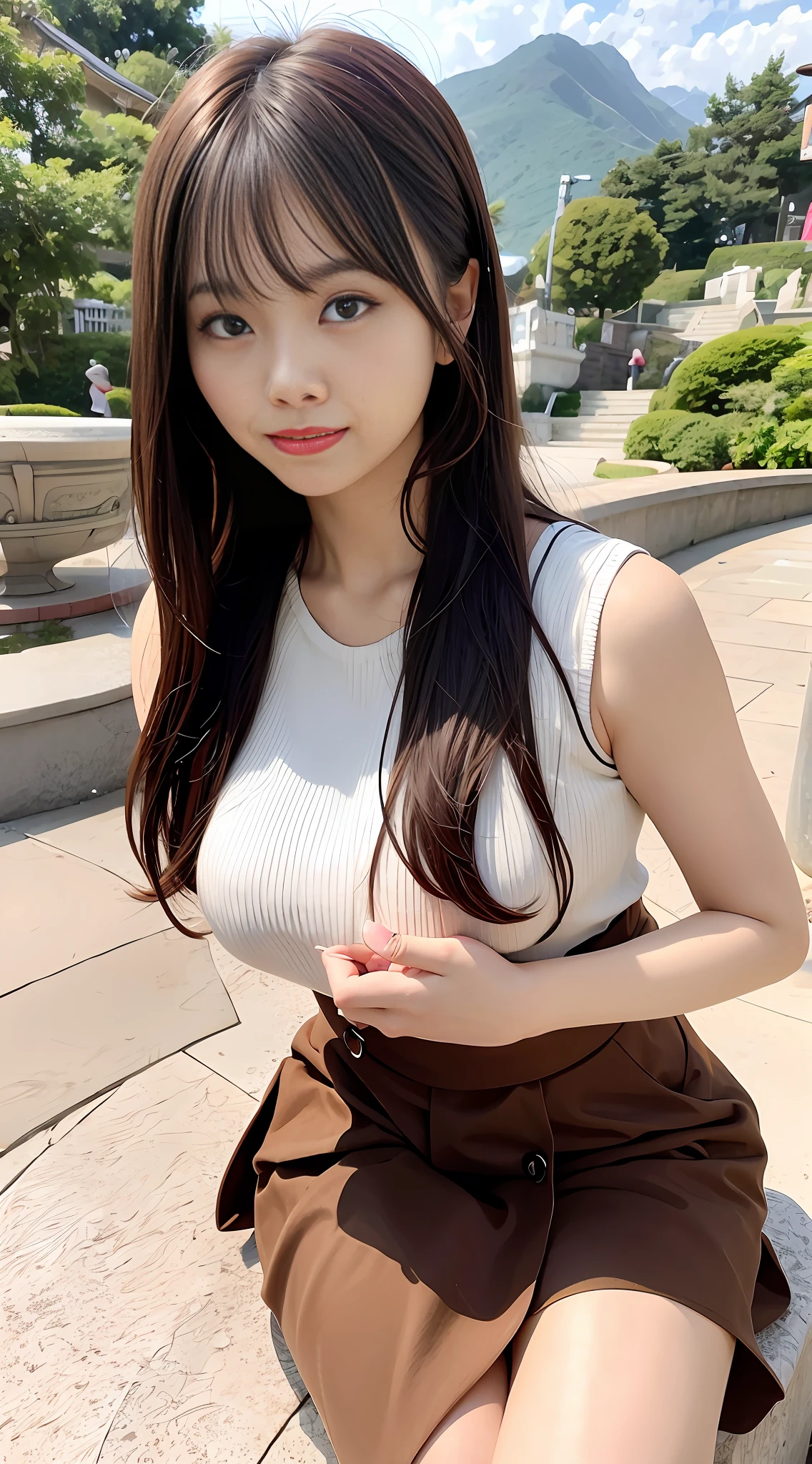 An Asian woman sitting on the steps of the mountain, watching the sunrise, asian girl long hair, long hair, long brown hair bangs, korean girl, long brown hair, beautiful korean woman, gorgeous young korean woman, brown long straight hair, charming long hair, ulzzang, beautiful korean young woman, long hair thick, white suspender T-sleeves, black skirt, low cut, big breasts, bare shoulders, hips,