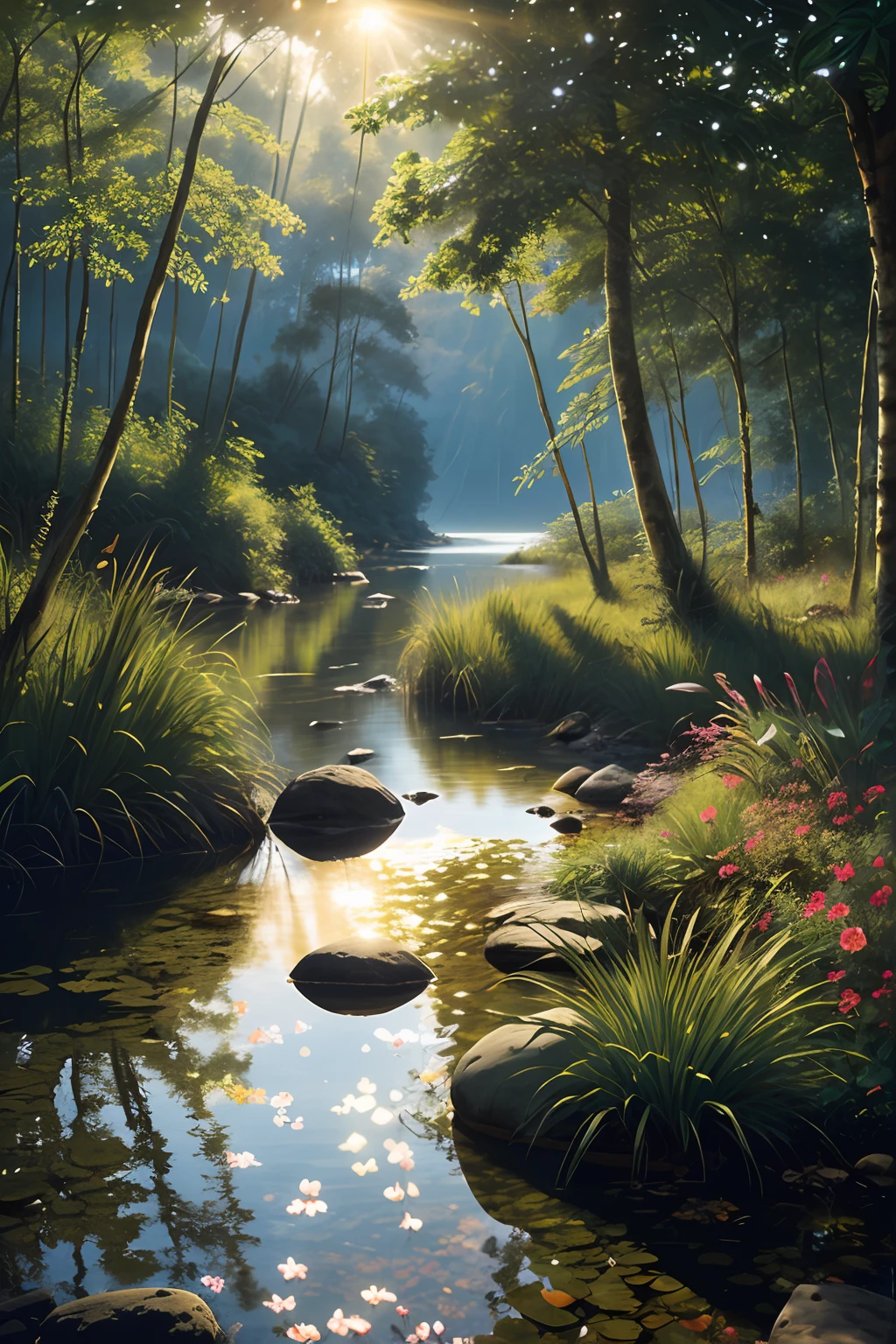 between reeds, (backlit), realistic, masterpiece, high quality, brightness, shadows, flower, [[chromatic aberration]], by Jeremy Lipking, by Antonio J. Manzanedo, digital painting, brazilian, 8k uhd,, tropical forest, stones on the shore, lake, wood, smoke, shadow, contrast, clear sky, style, (warm hue, warm tone)