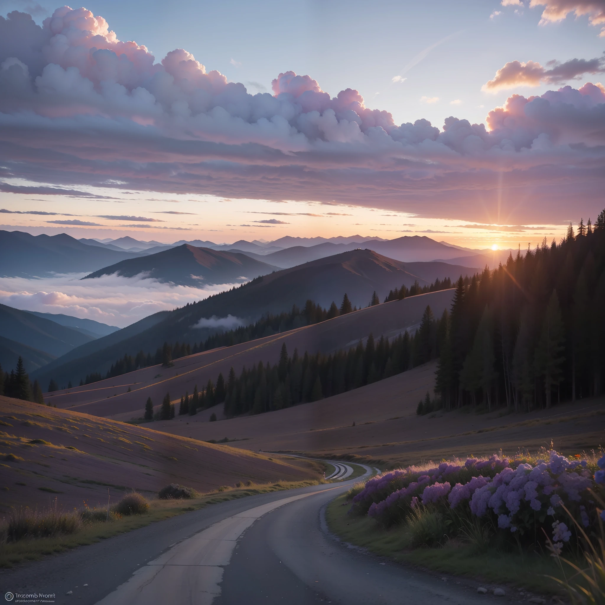 Beautiful scenery in the mountains, with orange and purple clouds at sunset, mesmerizing and magical.
