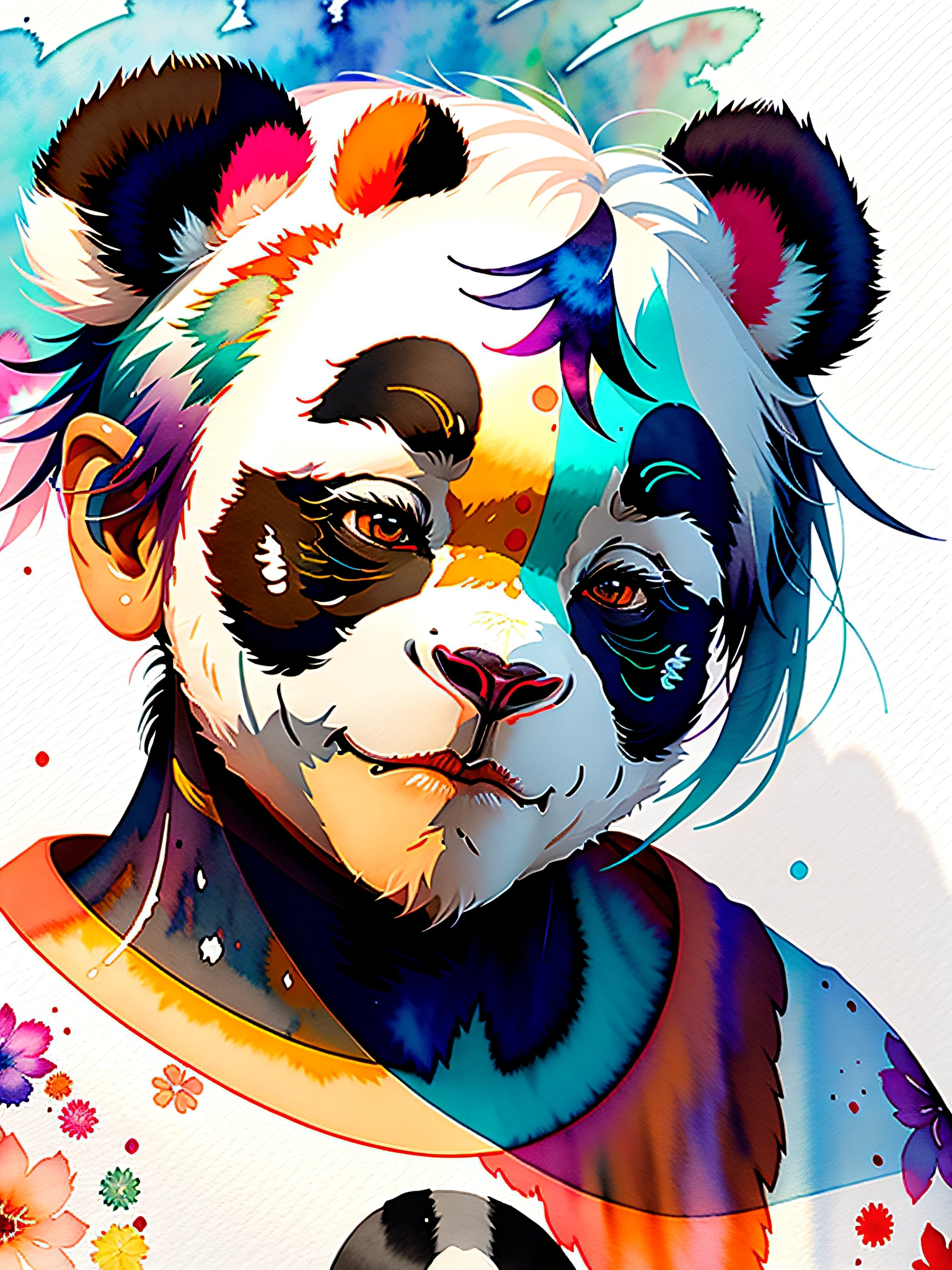 wtrcolor style, digital art of (Panda character), official art, front, smile, masterpiece, beautiful, ((watercolor)), face paint, paint splatter, intricate details. Very detailed, detailed eyes, [dripping:0.5], trending on Artstation, Rachel Walker