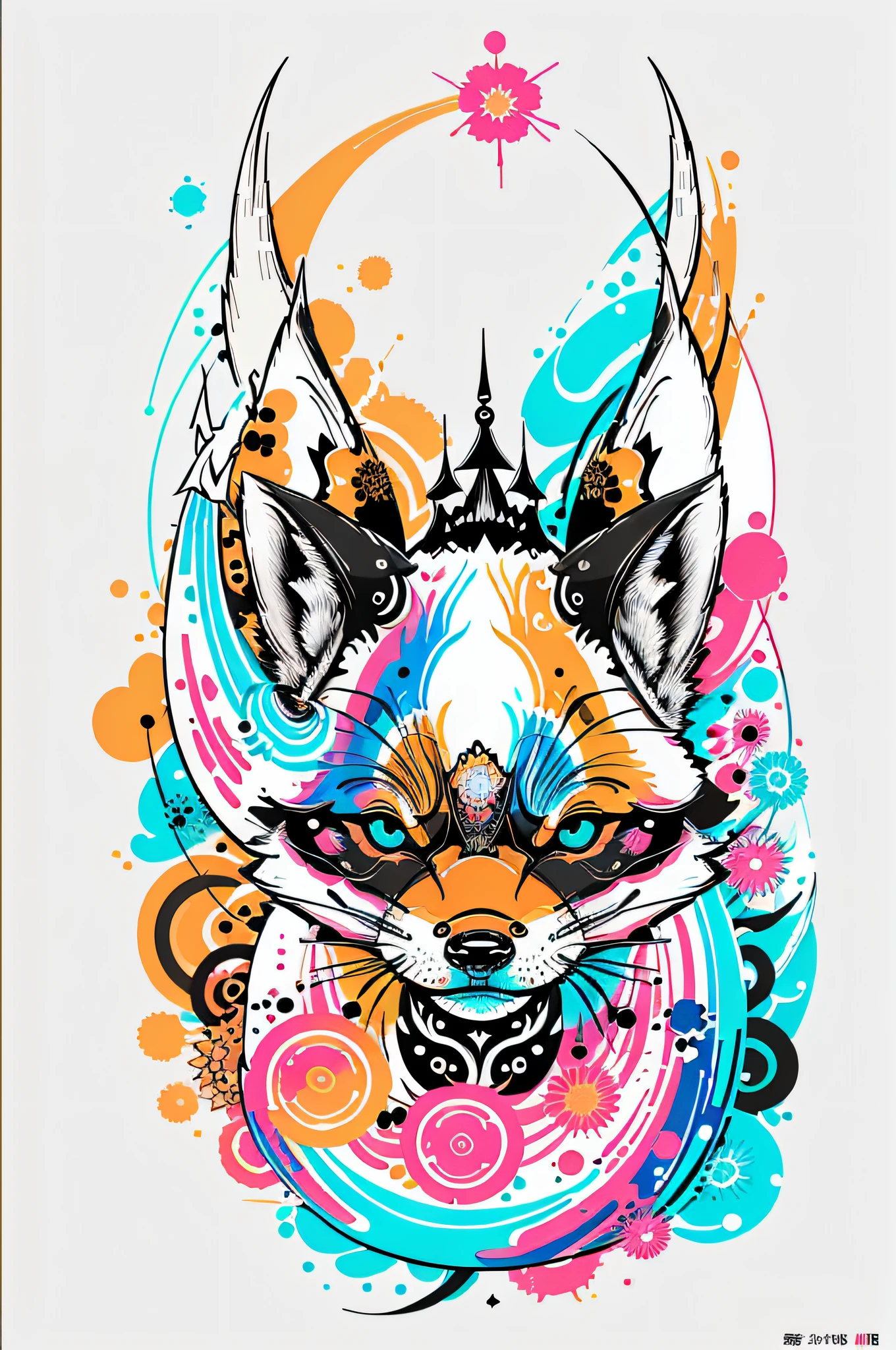 in the style of 0mib, adorable japanese fox, prismatic shards, reflecting fractal circles, ink spatter, melting brush strokes, particles vortex, dramatic lighting, high quality, beautiful, masterpiece