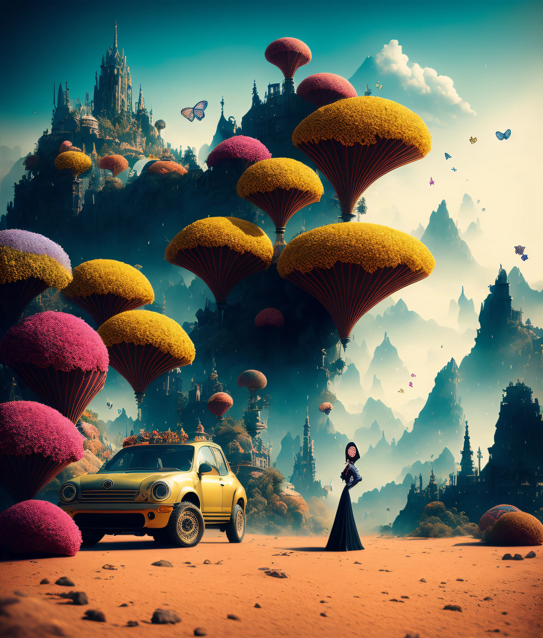 Digital art by Ray Caesar and Hannah Hch and Stephen Burrows, of a beautiful young woman in an action pose, centered in frame, wide shot, perky breasts, mask, pop surrealism, neo-dada, spectacular, spectacle, masterpiece, private collection, curated collection, behance, 3d render, cracked clay, gothic, bright colors, oversaturated, depth, spirals, fibonacci sequences, shells, wings, butterflies, flowers, gears, tunnels, surreal environment, fractals geometry, game assets, city scene, modern makeup, long eyelashes, rain drops, chiffon dress, rococo, bracelets, punk rock, subversive art, dirty, grime, dingey, mid cut jeans, specular highlights, reflections, ambient occlusion render, detailed, Marching squares, ((iso lines)), armature, detailed, elaborate, complex, desert, mountains, carriages, cars, stormy sky, moonlight