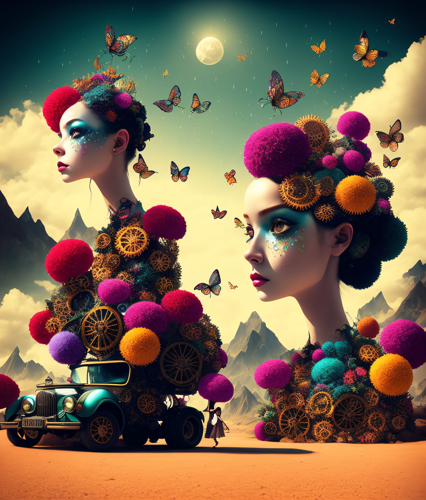 Digital art by Ray Caesar and Hannah Hch and Stephen Burrows, of a beautiful young woman in an action pose, centered in frame, wide shot, perky breasts, mask, pop surrealism, neo-dada, spectacular, spectacle, masterpiece, private collection, curated collection, behance, 3d render, cracked clay, gothic, bright colors, oversaturated, depth, spirals, fibonacci sequences, shells, wings, butterflies, flowers, gears, tunnels, surreal environment, fractals geometry, game assets, city scene, modern makeup, long eyelashes, rain drops, chiffon dress, rococo, bracelets, punk rock, subversive art, dirty, grime, dingey, mid cut jeans, specular highlights, reflections, ambient occlusion render, detailed, Marching squares, ((iso lines)), armature, detailed, elaborate, complex, desert, mountains, carriages, cars, stormy sky, moonlight