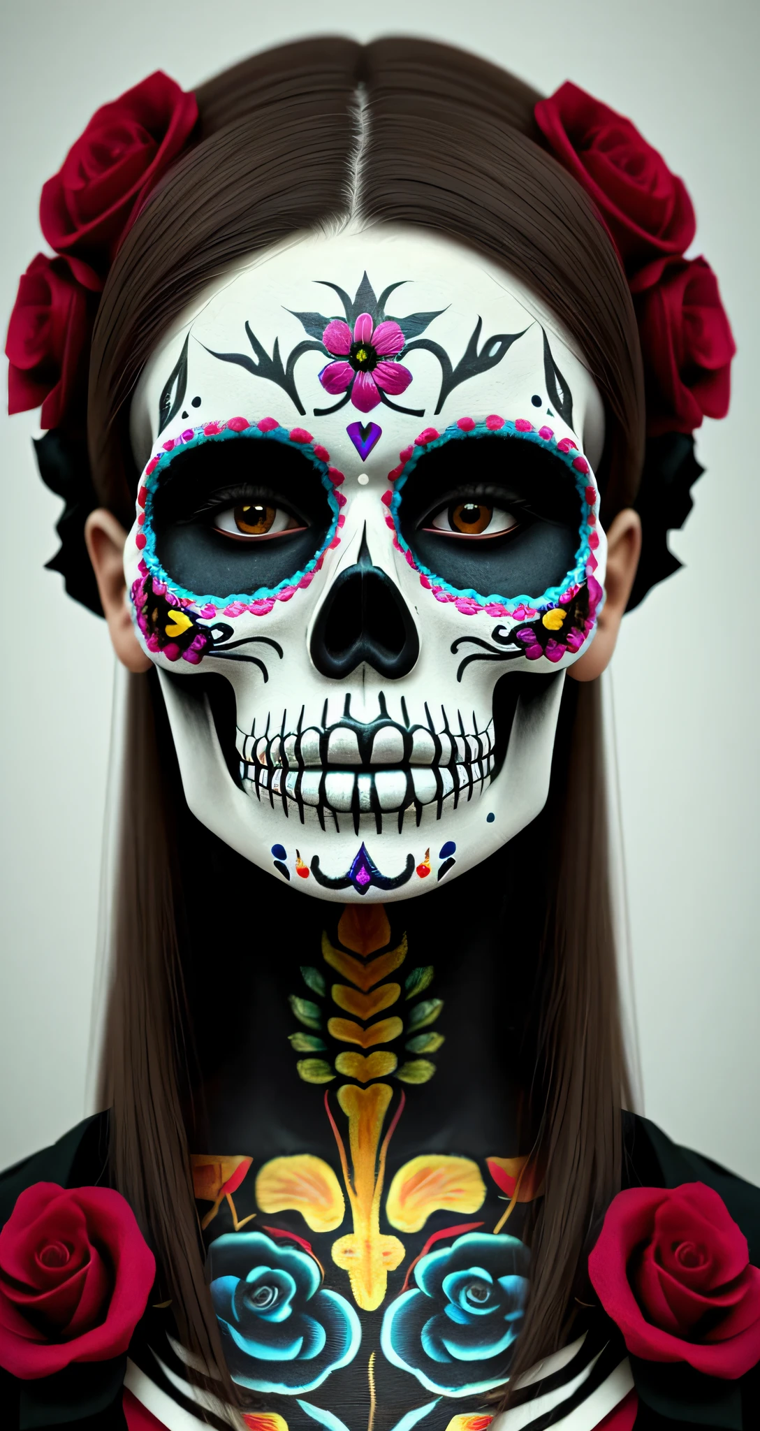 Masterpiece, digital photography, portrait of a woman, skull face painting, dia de los muertos, ultra realistic,