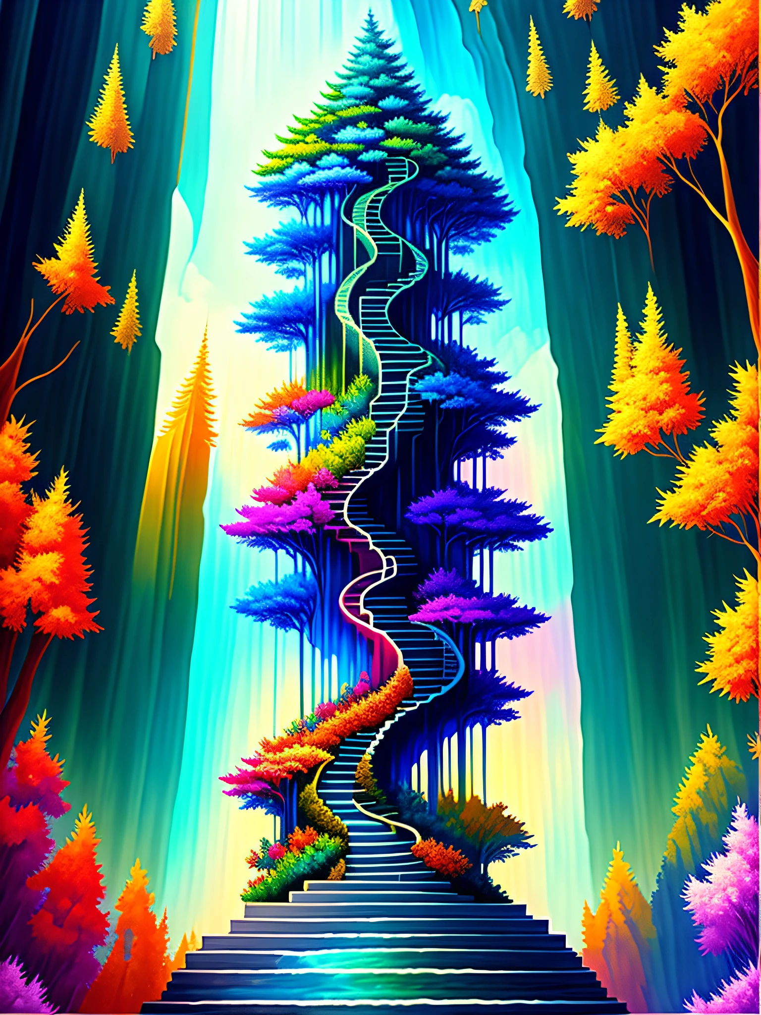 a painting of a tree on top of a waterfall, stairway to heaven, trippy!!! symbolic, shirt art, beautiful sci fi art, steps, inspired by Daren Bader, michael page, connectedness, author unknown, aka dream, triadic colours, beautiful render of a fairytale, blossoming path to heaven