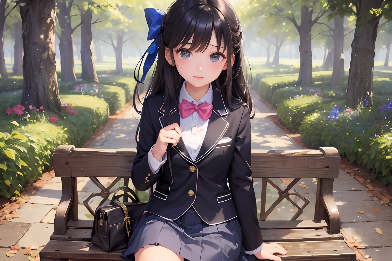 (masterpiece, top quality, super detail), (illustration), (eyes of beautiful detail), (1 girl), (solo), black eyes, blush, skirt, bow, sitting, jacket, black hair, bow tie, blue bow, blazer, summer clothes, blue bow tie, Otonosaka school uniform, outdoor,