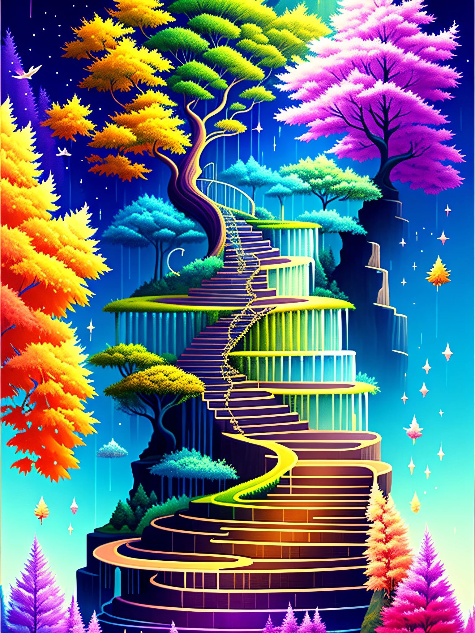 a painting of a tree on top of a waterfall, stairway to heaven, trippy!!! symbolic, shirt art, beautiful sci fi art, steps, inspired by Daren Bader, michael page, connectedness, author unknown, aka dream, triadic colours, beautiful render of a fairytale, blossoming path to heaven